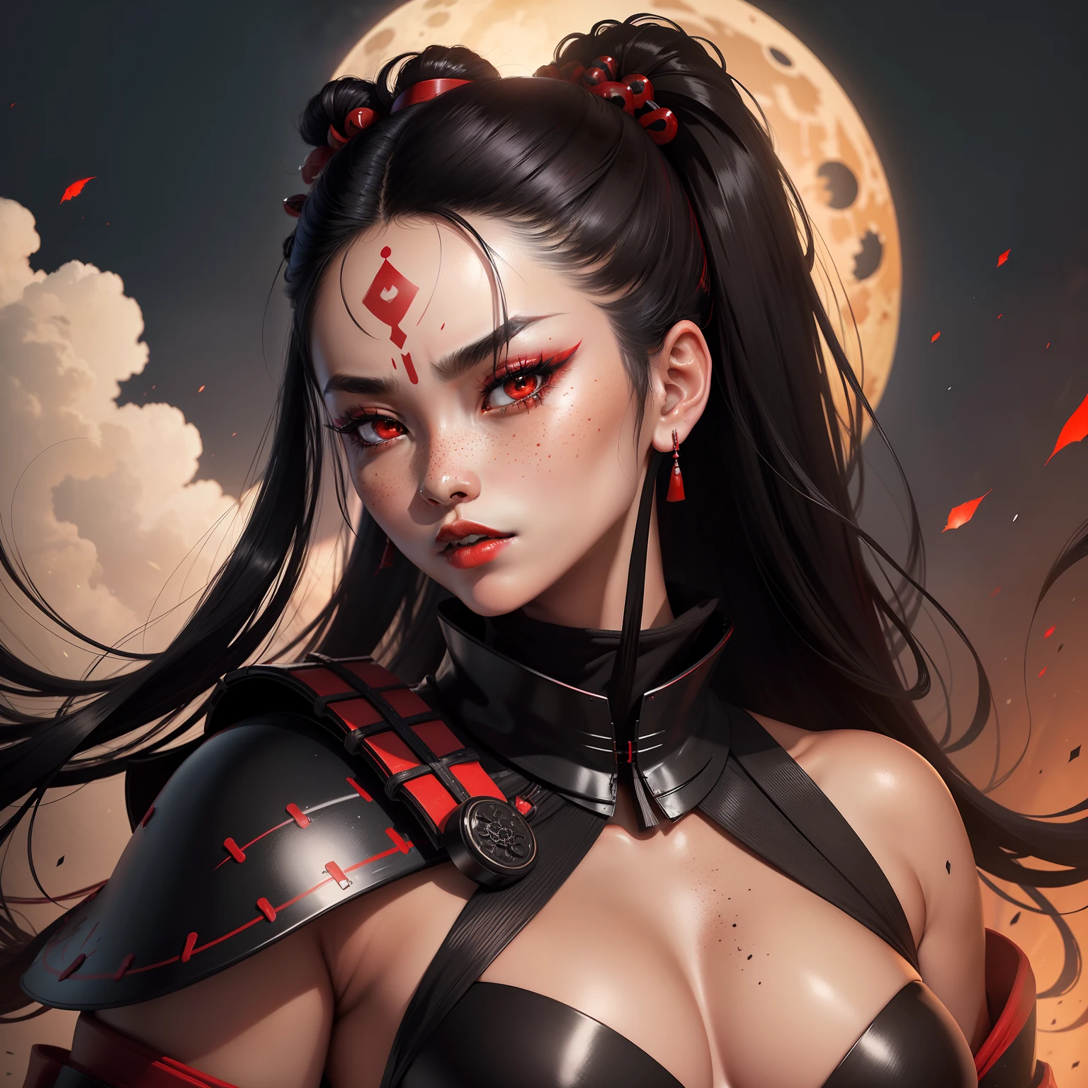 Female samurai warrior, jet black hair, dark skinned tanned, red black, bright moon, freckles on the face, red lipstick, full body, no extra hair, diamond shaped face, cover top, black eyeballs, geisha warrior, brown skinned, clear forehead, covered boobs