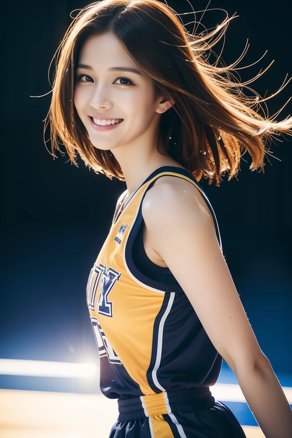 ((masutepiece, Highest Quality, super definition, High resolution)), (1 slender woman of Japan, 28 years old), dark brown hair, hyperdetailed face, Detailed eyes, Detailed Lips, Double eyelids, (she is wet), (Huge breasts:1.3), sony a7, Film grain, a dark night, Photorealistic, one-point perspective, diffuse reflection, colorful shiny particles, Lens Flare, Soft lighting, ((cowboy shot, provocative dynamic pose:1.3)), Seductive smile, (Basketball Uniform:1.2), BREAK Basketball stadium, Happy smile, High quality, 4K,