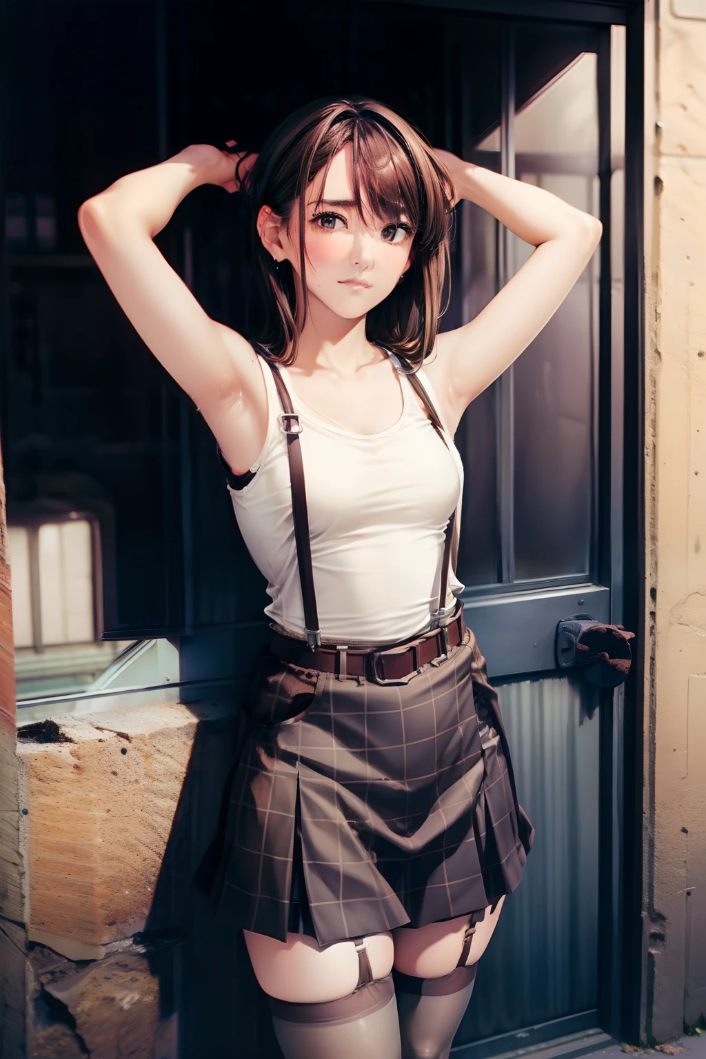 skirt by the, Tank Tops suspenders, Brown hair short, Gray eyes, Garter belt on the legs, Big and tight clothes, a belt Armpit sweat deadpan