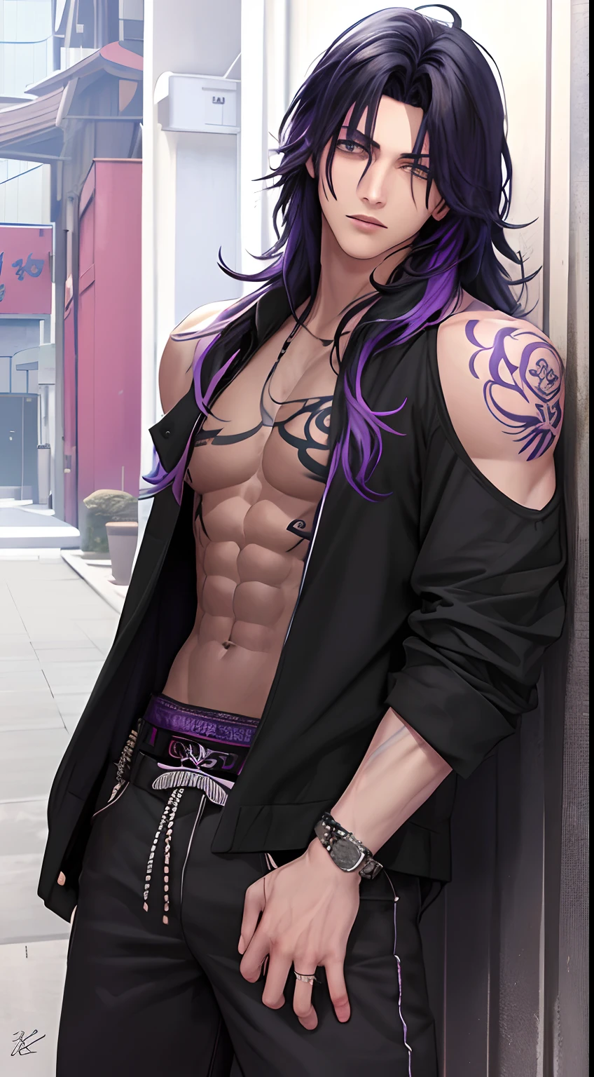 colorful,highest detailed, Young 18 years old  Male with shoulder length  realy dark  black wild puffy hair and purple ombre, one light blue eyes, handsome, casual clothes, beautiful serious eyes,  gangster, slicked right with bangs hairstyle, toned muscle, japanese styled tatoo fully covering his right arm, yakuza member