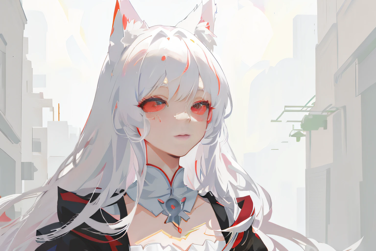 Anime girl with long white hair and red eyes in the white room, White-haired fox, White Cat Girl, beautiful anime catgirl, anime catgirl, Very beautiful anime cat girl, Holo is a wolf girl, Guviz-style artwork, anime girl with cat ears, a beautiful fox lady, portrait of ahri, Guviz