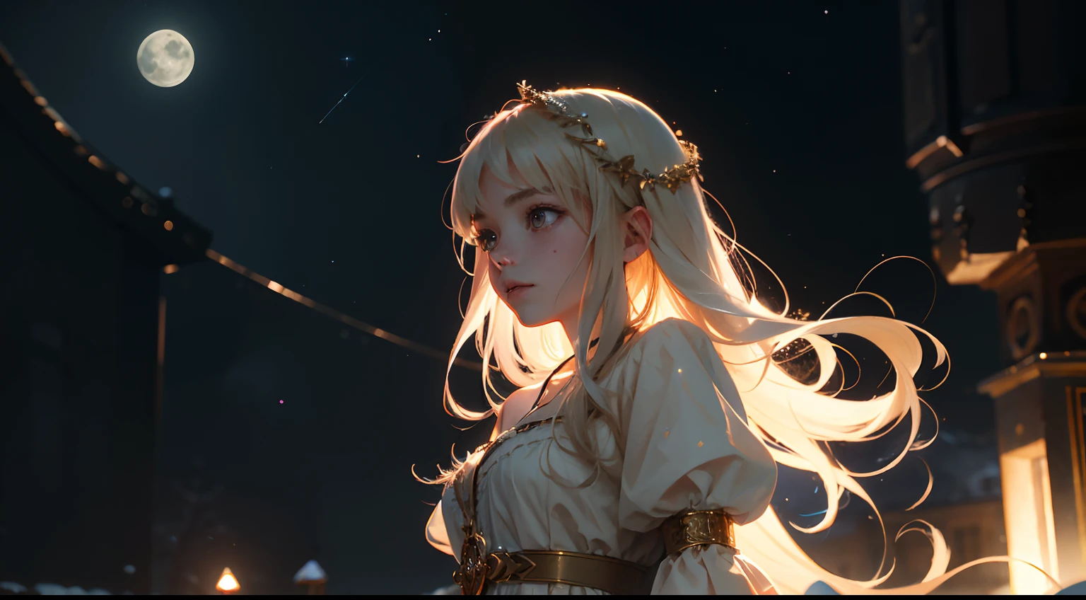 A quiet night,starry sky bright,On the roof sat a girl。She quietly looked up at the starry sky,Enjoy this peaceful evening,The girl wears a light dress,The skirt flutters gently in the wind,Her long hair shimmered in the moonlight,Exudes a fresh breath,Twinkle stars in the night sky,They were like winking at a girl,As if he wanted to share this beautiful moment with her,The bricks of the roof present an ancient beauty in the moonlight,A stark contrast to the neon lights of the city,The girl gently opened her eyes,She seemed to feel the beauty of this world,Her face appeared quiet and gentle in the starlight,Her body swayed gently with the night breeze,It is as if at one with this peaceful night,The picture is full of tranquil beauty and tenderness,Let people feel the mystery and tranquility of the night sky,view from long distance, Atmospheric lighting, Focus individually, closeup cleavage, seen from the side, depth of fields, Background bokeh,Best quality at best,tmasterpiece,The is very detailed,detailed back ground,tmasterpiece,16k,UHD resolution,Detailed depiction,photorealestic,realisticlying,Very realistic,anatomy correct, Delicate pattern,Pink rose space, Soft lighting, ( Bokeh),Masterpiece, Super detailed, Epic composition, Highest quality, 8K,Epic romantic fantasy digital art,Epic fairy tale fantasy digital art,Mythological fantasy,UHD resolution,Detailed detail drawing,realisticlying,Very realistic,cinmatic lighting,an award winning photograph,rich colours,hyper realistic lifelike texture,dramatic lighting