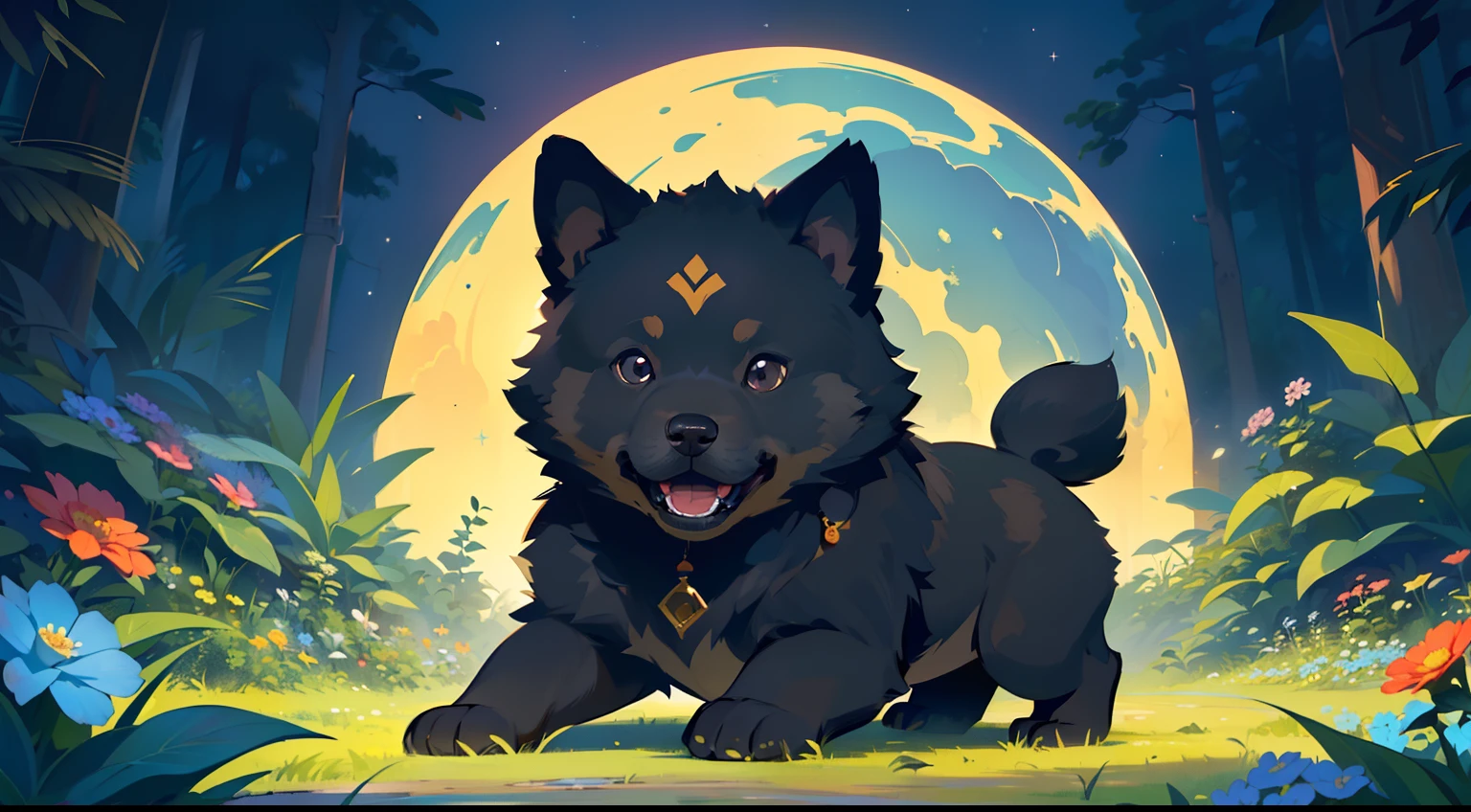 (master part, charming illustration of a cute black Chow Chow puppy in a garden:1.3), (Captivating representation designed to engage children's imagination:1.2), (meticulously illustrated with attention to capture the adorable essence of the breed:1.2), (a flacidez e a cor distintas do filhote de cachorro Chow Chow aumentam sua fofura:1.1), (Set in an enchanted forest at night, sob as estrelas, staring in awe at the night sky, Capture the expression of curiosity and fascination on your face:1.1), (the puppy's playful behavior and curious expression reflecting its youthful energy:1.1), (Detalhamento meticuloso da pele do filhote, capturando sua textura macia:1.1), (A portrait that invites children to imagine playful interactions in a cheerful outdoor environment:1.1), (uma imagem que exala calor, confortar, e a alegria do companheirismo:1.1), (an illustration that encourages storytelling and creativity through visual exploration:1.1), (A work of art that captures the innocence and wonder of childhood and the charm of a beloved furry friend:1.1))