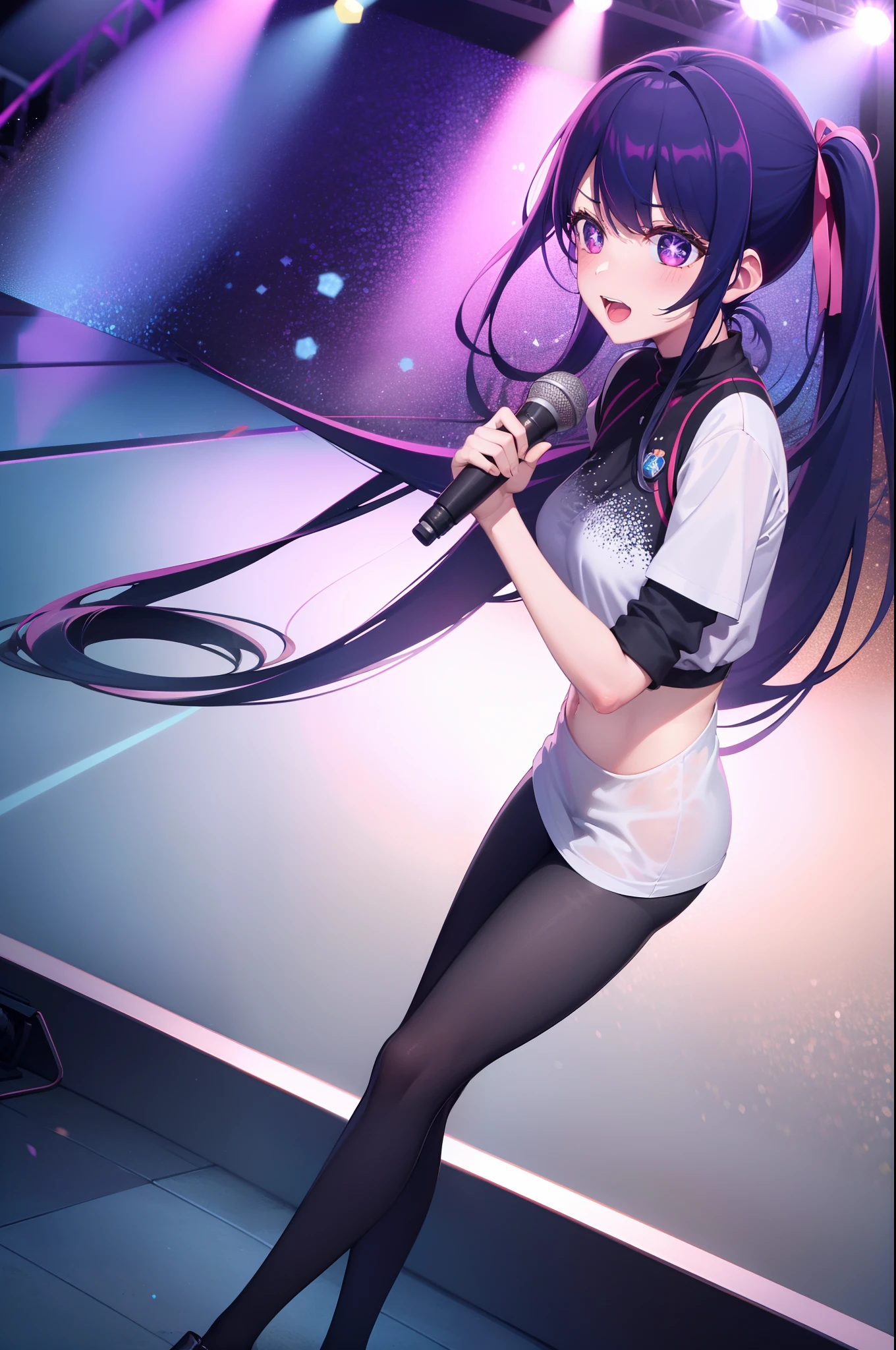 Ai Hoshino,stage,performance,full bodyesbian,holding a mic,sing,Original clothing