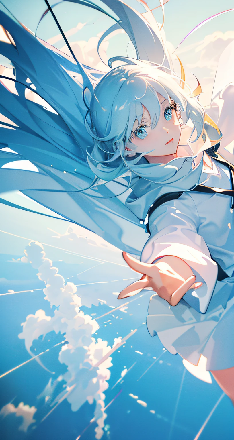 masterpiece, best quality, movie still, 1girl, floating in the sky, cloud girl, cloud, (close-up:1.1), bright, happy, fun, soft lighting, (Bauhaus, shapes, lines, abstract:1.1)