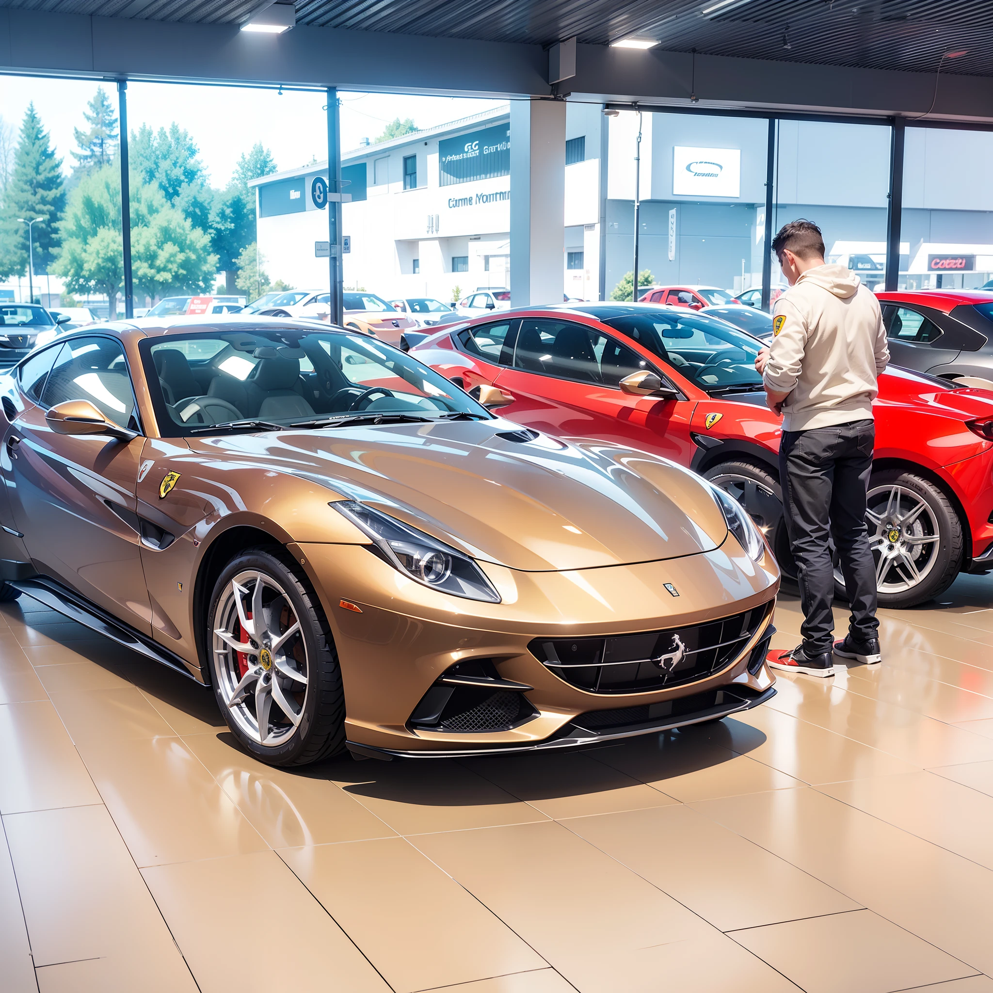 long shot , long distance shot. Photo of a Ferrari gtc4lusso at a dealership in Switzerland, some people, casual photo, summer. Octane render, concept 3d art, epic digital art, unreal engine 5, ray tracing, dynamic illumination.