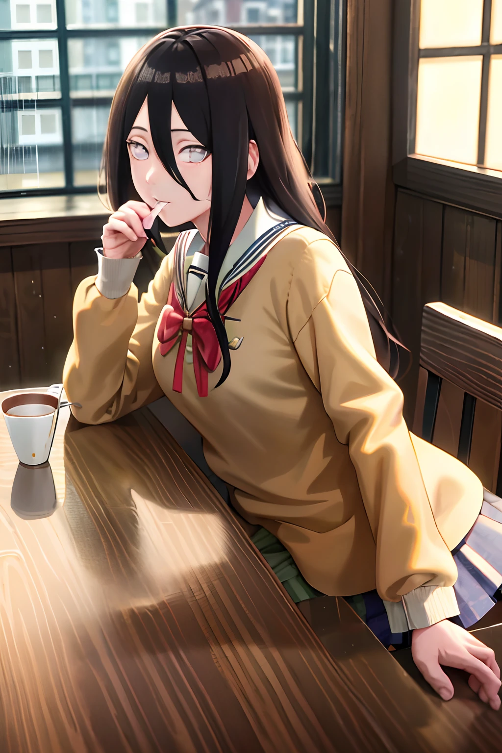 masterpiece, absurd , (intricate details), (colorful), extremely detailed CG Unity 8K wallpaper , Hinata flower ratio, 1 girl, solo, looking at the audience, white top, white school uniform, in a café, drinking coffee, soaking top, rainy day outside the window, 16k, high resolution, best quality,