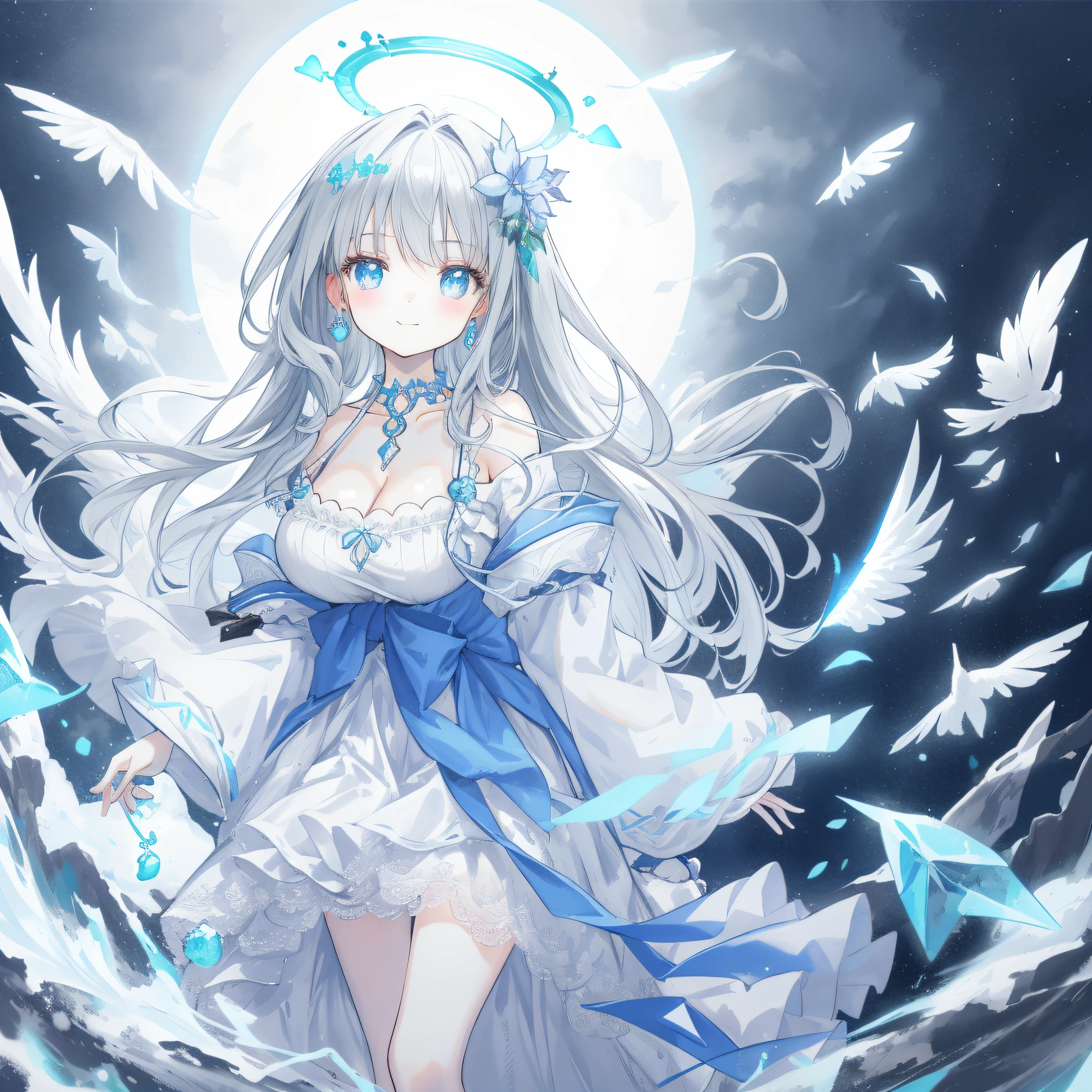 (tmasterpiece), (best qualtiy), (1 rapariga)), astounding, beatiful detailed eyes, finely detailled, depth of fields, Original, (best qualtiy), (ultra-detailliert), (Most Best Illustration), (best illuminate, best shadow), (very fine and beautiful)), very detailed wallpaper, Dream background, From the front, scenecy, Young girls, Lori huge breasts cleavage, full bodyesbian, Long gray hair, ((Gray eye)), beatiful detailed eyes, mediuml breasts, (((Cobalt long dress)), Fluffy long sleeves, hair adornments, choker necklace, 夏天, optic, Light makeup, outside, wind blown, afloat, Giggle smile,dampness, (The halo), Magic Circles,On the cabinet,UHR,mirrors,mid air,Flying,废墟