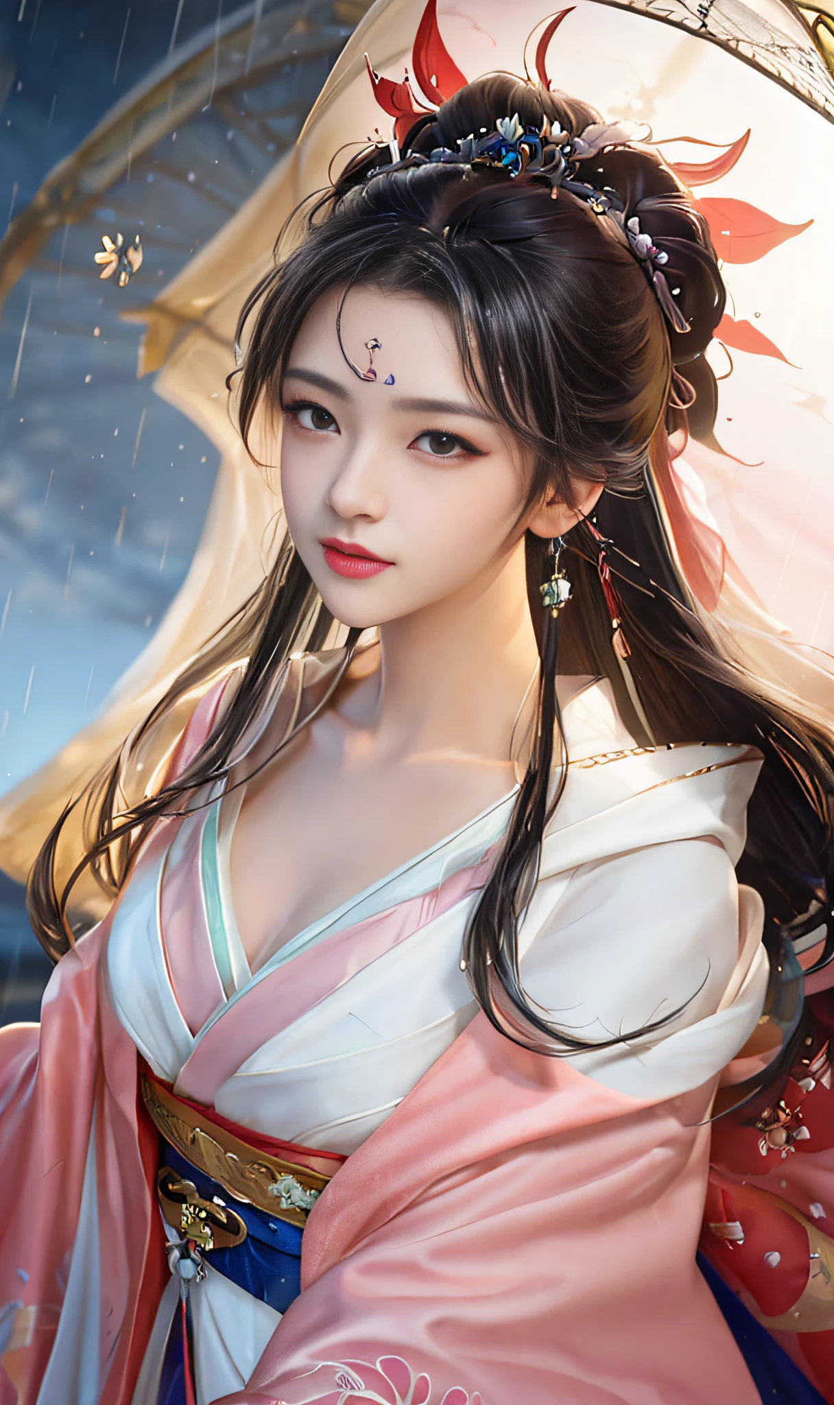 Close-up of a woman in a white dress, Palace ,rainy days,Holding an umbrella ,A girl in Hanfu, Guviz-style artwork, a beautiful fantasy empress, Beautiful character painting, by Yang J, Ruan Jia and Artgerm, Artgerm and Ruan Jia, trending on cgstation, Pink Hanfu