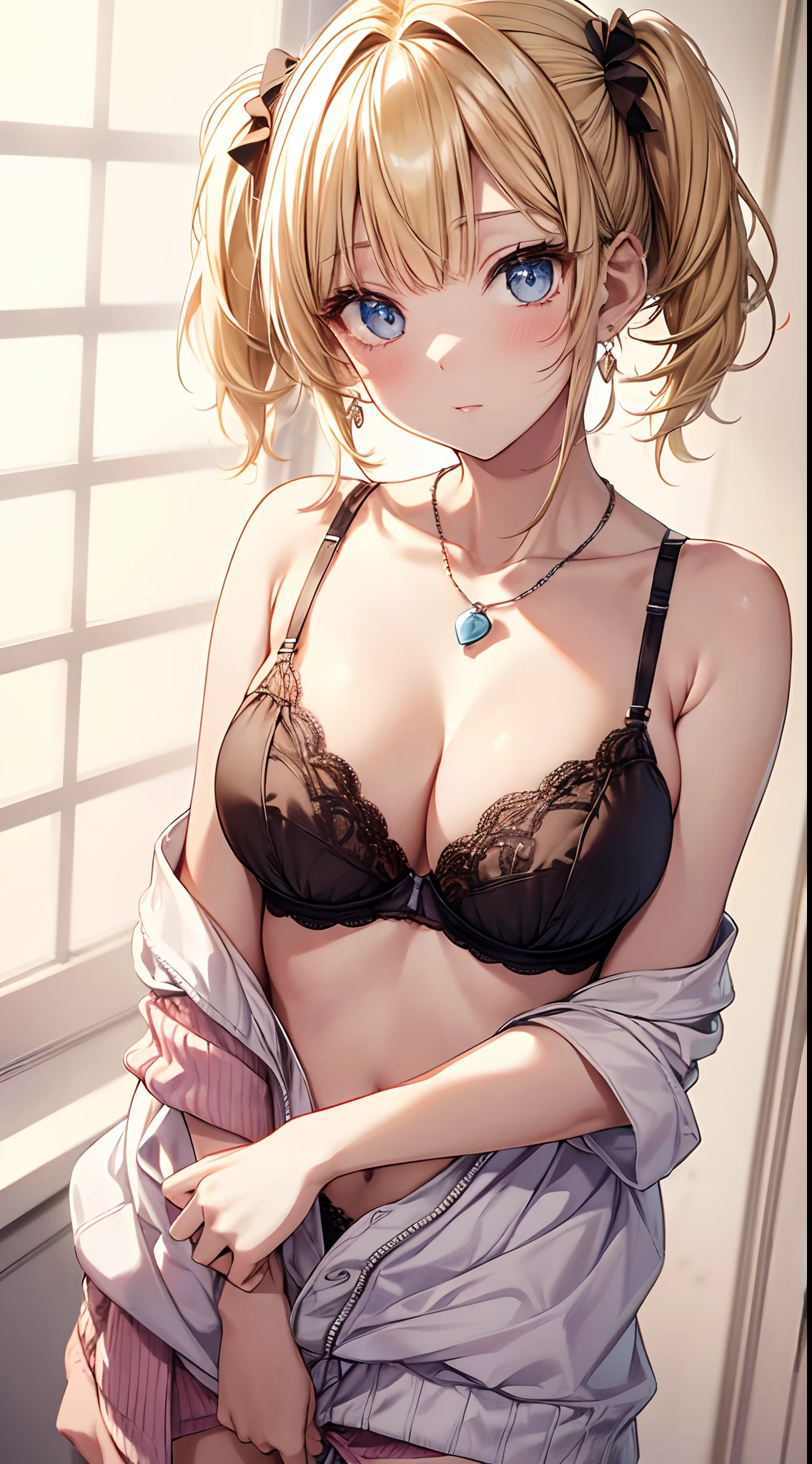 absurderes, ultra-detailliert,bright colour, extremely beautiful detailed anime face and eyes, view straight on, ;D, shiny_skin,25 years old, Short hair, , asymmetrical bangs, (Blonde hair with short twin tails:1.4),(Wearing a change of clothes:1.7),(bra very:1.4),Shiny hair, Delicate beautiful face,(surprise:1.7) ,red blush、Blue eyes, White skin, hair clips, earrings, a necklace,(Brown sleeveless:1.2), Beautiful cloud, Dusk sky,