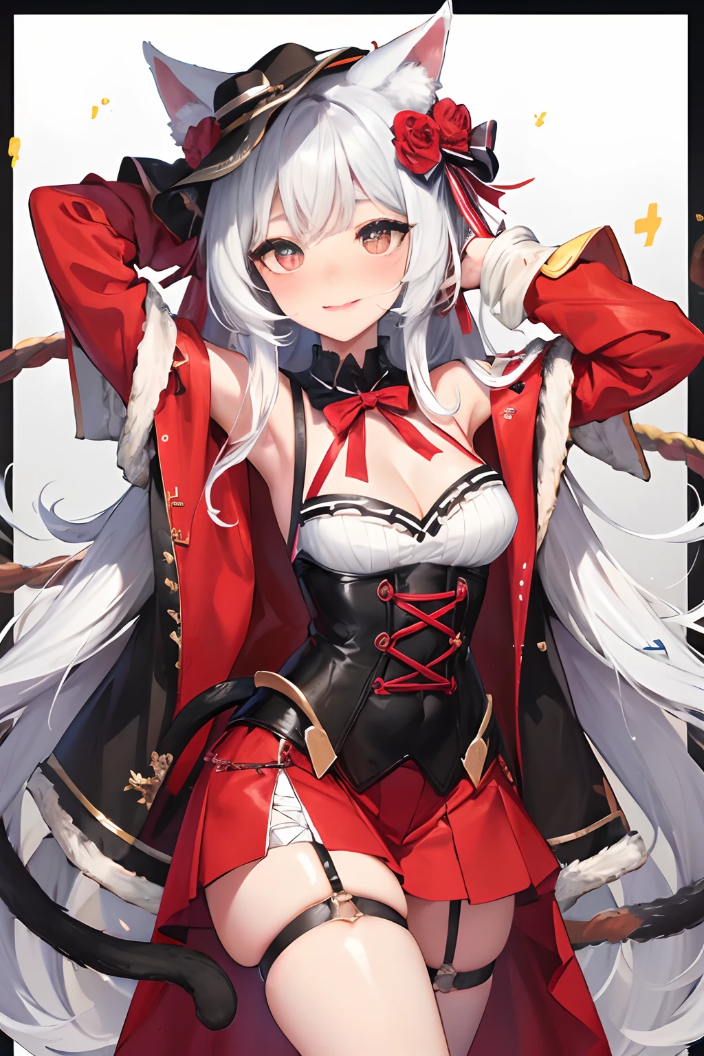 masterpiece, (detailed, highres, best quality), 1girl, <lora:spgbfMakura:1> makuradef, rabbit ears, hair bow, black leotard, frills, detached sleeves, white thighhighs, full body, halftone, halftone background, outline, shadow, white outline, From above, :d, holding, holding bag, holding gift, looking at viewer, smile, solo