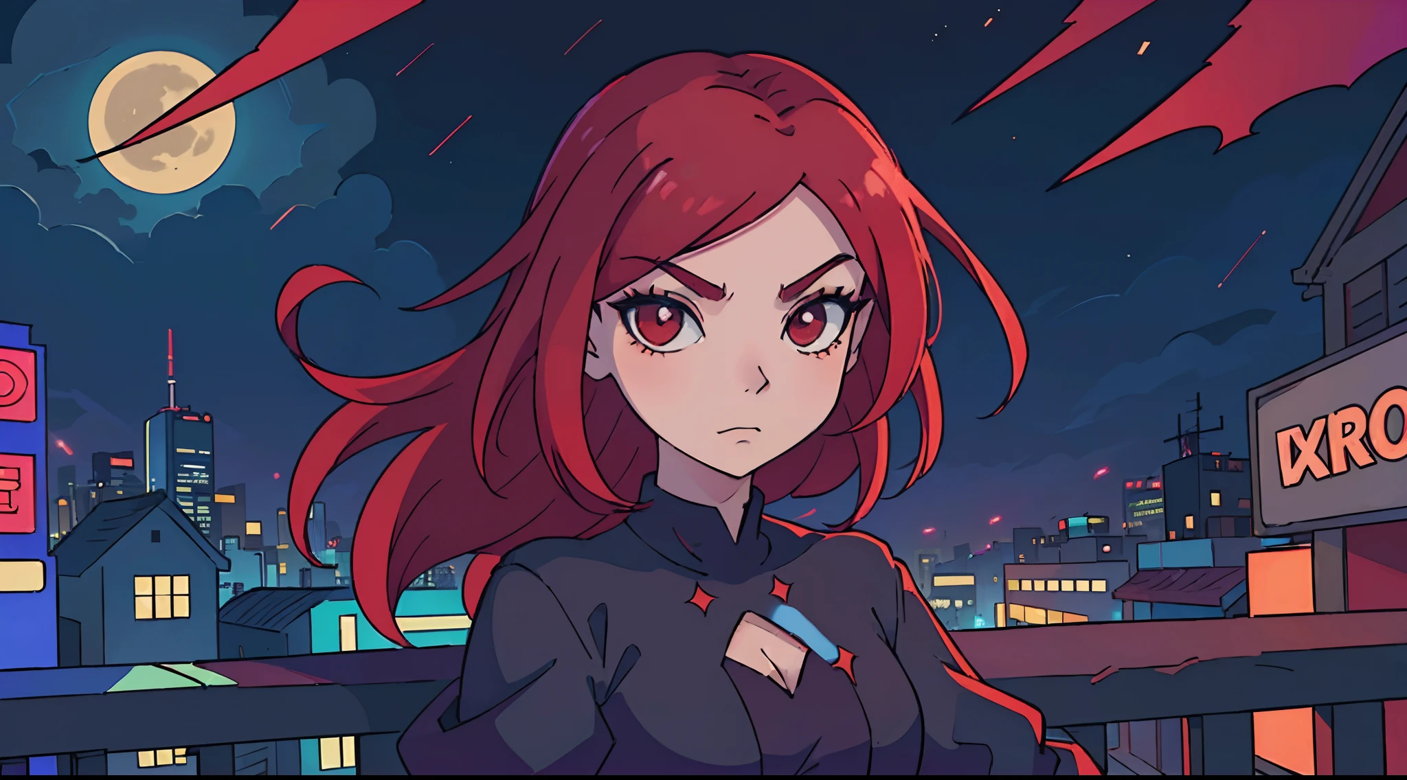 (melhor qualidade: 0.8), (melhor qualidade: 0.8), Perfect anime illustration, uma linda, Red-haired goth woman, vampira com chamas no cabelo, in a synthwave city at night