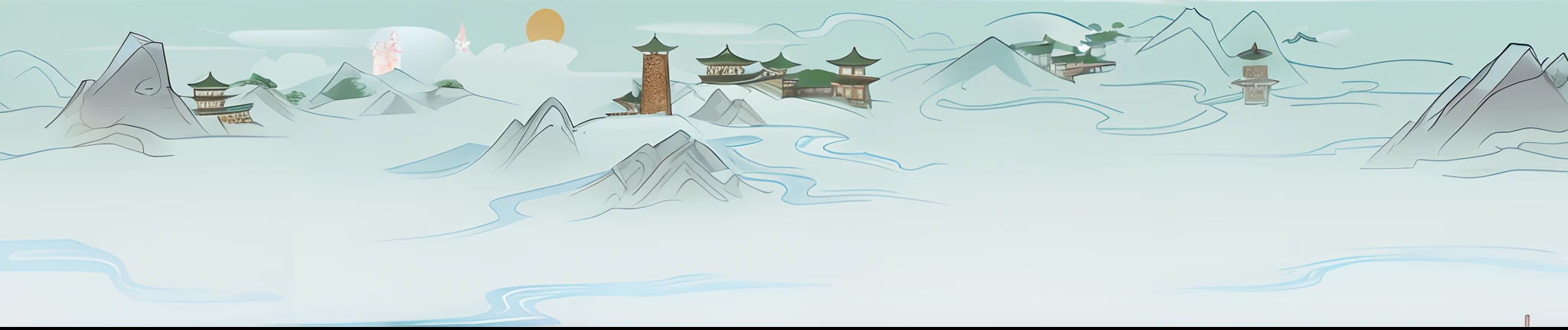 There is a cartoon of a mountain，The background is a castle, Temple background, background depicting a temple, town background, distant village background, Zen temple background, ancient city landscape, dreamy Chinese towns, the background is misty, legend of korra setting, background fortress, town center background, arte de fundo, Mobile game background, background artwork, Castle background, palace background，The light and shadow are intense，Meticulous portrayal