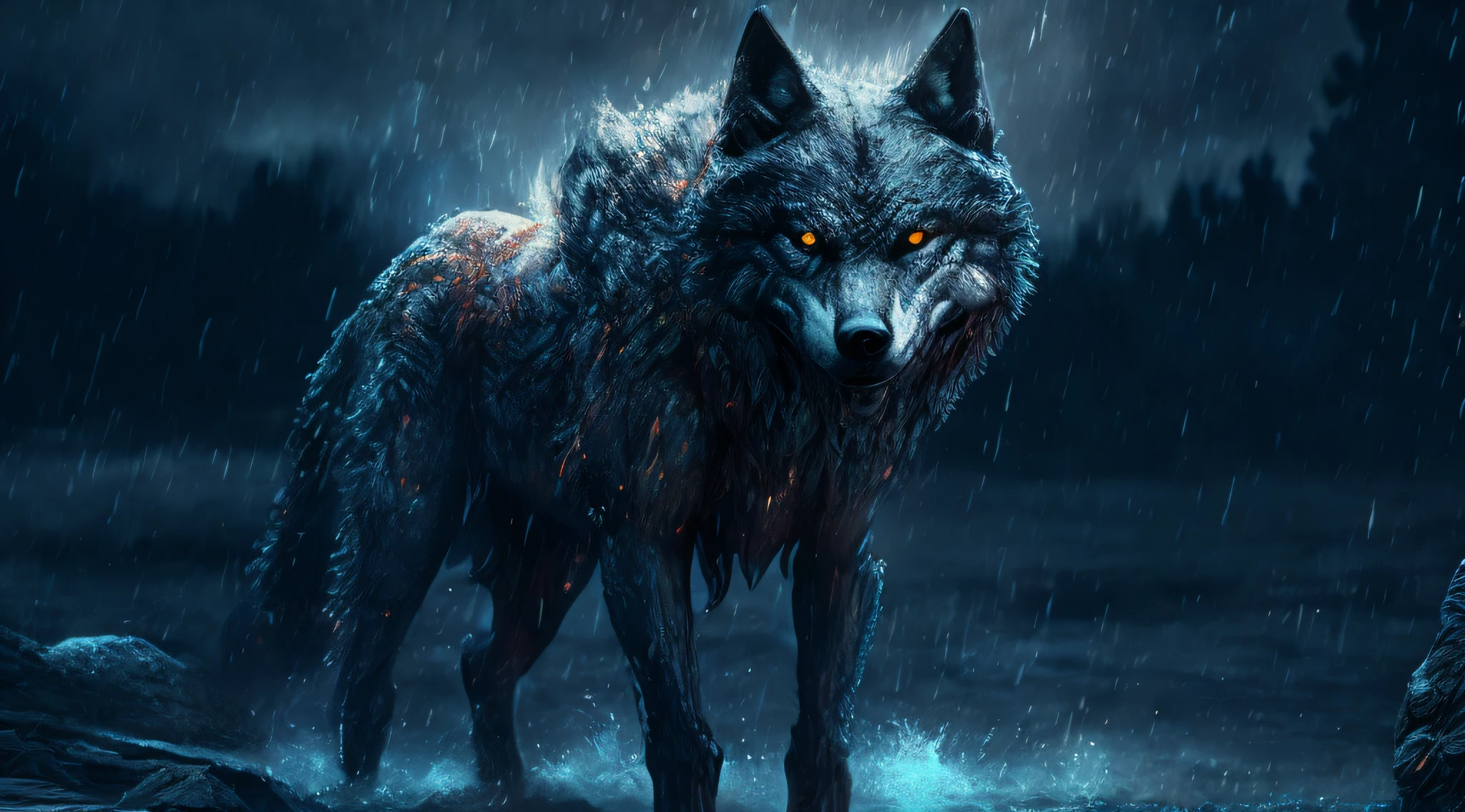 Wolf God, surreal, tense, cold, highly detailed, sharp, professional, 8k UHD, movie, dark, violent, outdoor, river, battle, chase, dramatic, vivid, tense atmosphere, rendering, epic, twilight, HDR, album cover, blizzard, lightning, disaster