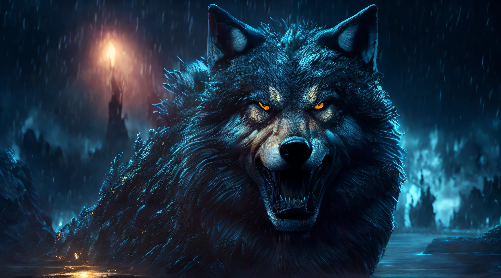 Wolf God, surreal, tense, cold, highly detailed, sharp, professional, 8k UHD, movie, dark, violent, outdoor, river, battle, chase, dramatic, vivid, tense atmosphere, rendering, epic, twilight, HDR, album cover, blizzard, lightning, disaster
