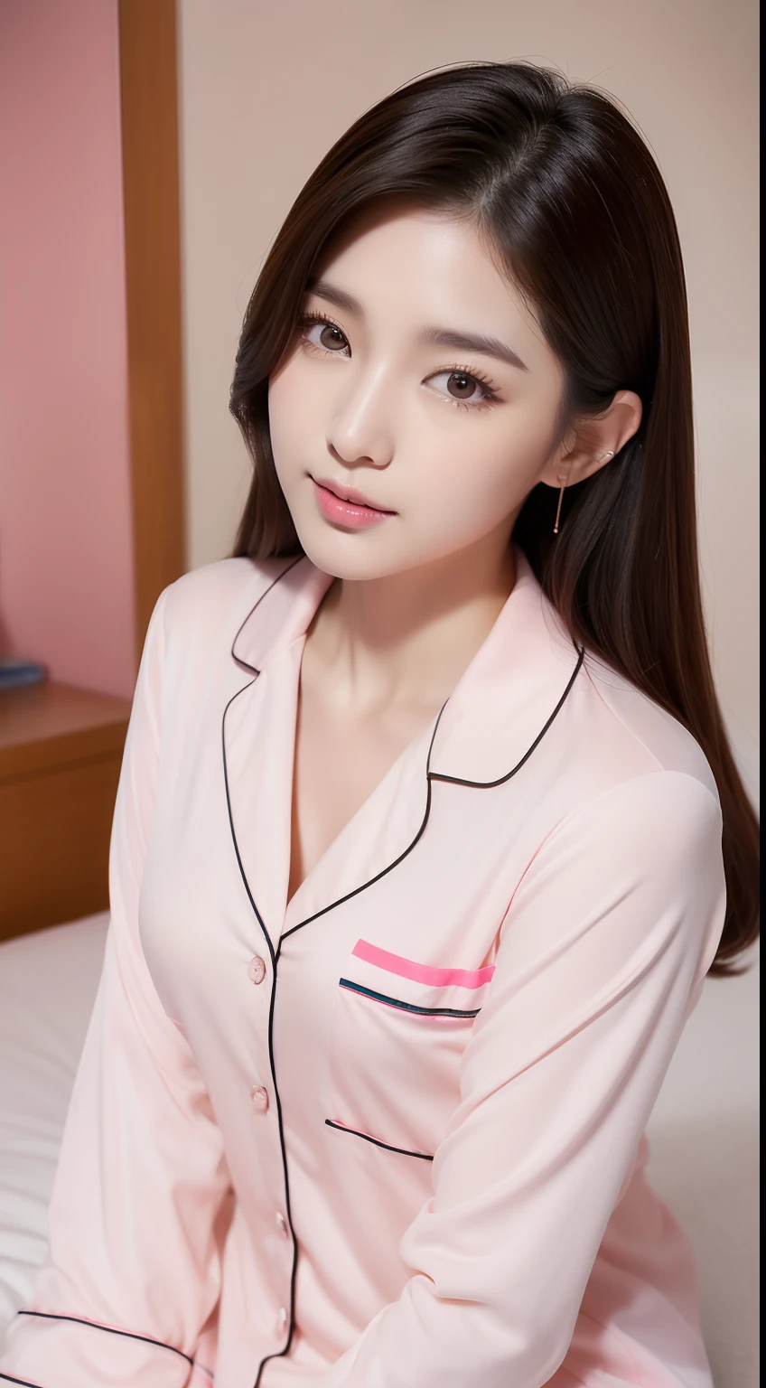 realistic photos of 1 cute Korean star, hair behind ear, white skin, thin makeup, 32 inch breasts size, wearing colourful pyjamas, sitting on the pink bed, close-up portrait, UHD