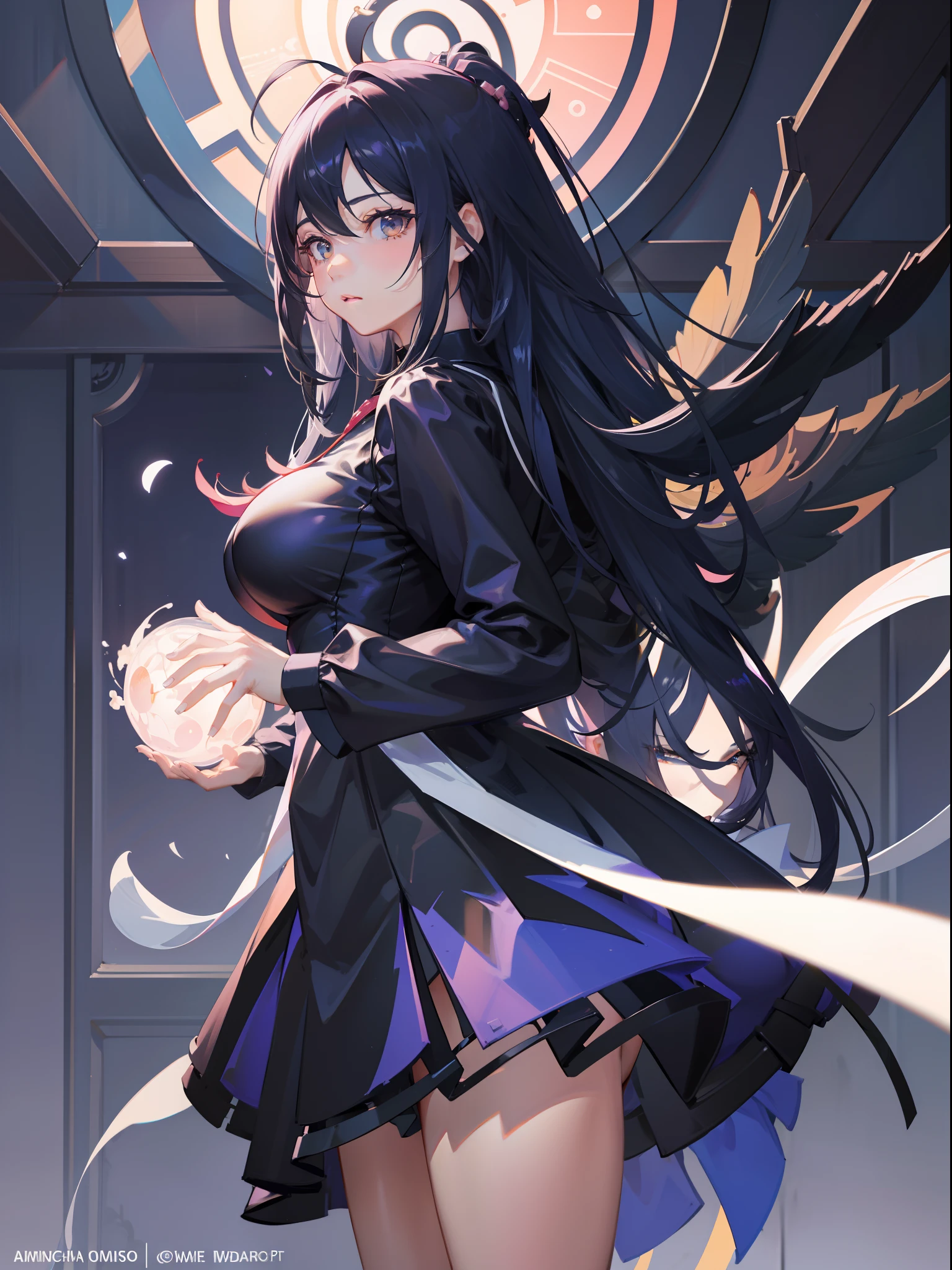 A teenage girl, Black hair, Black eyes, Black cheongsam, Figure CG, Perfect face, rich details, interiors, Antique windows, Seven body shots, Conforms to the anatomy, Clothing for the future, Costume de mecha, Pink and blue clothing, ahoge, High detail, anime big breast, Chiaroscuro, Cowboy shot, hyper HD, 1080p, 4K, hyper HD