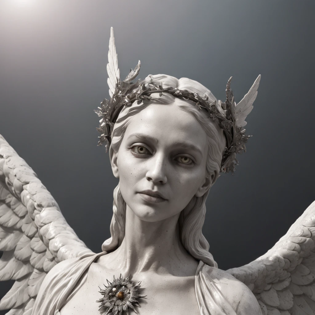 A closeup of a statue of an angel with wings, O Anjo da Morte, anjo da morte, unreal engine render + uma deusa, Vilania tem asas de anjo negro, the angel of death with a halo, angel in plastic armor, flowing white robes, Retrato do Anjo da Morte, angel knight gothic girl, Anjo majestoso de corpo inteiro, anjo protegendo a mulher, arte da capa, clinging to life, clinging to life, album art for a song with the title Grasp on to Life