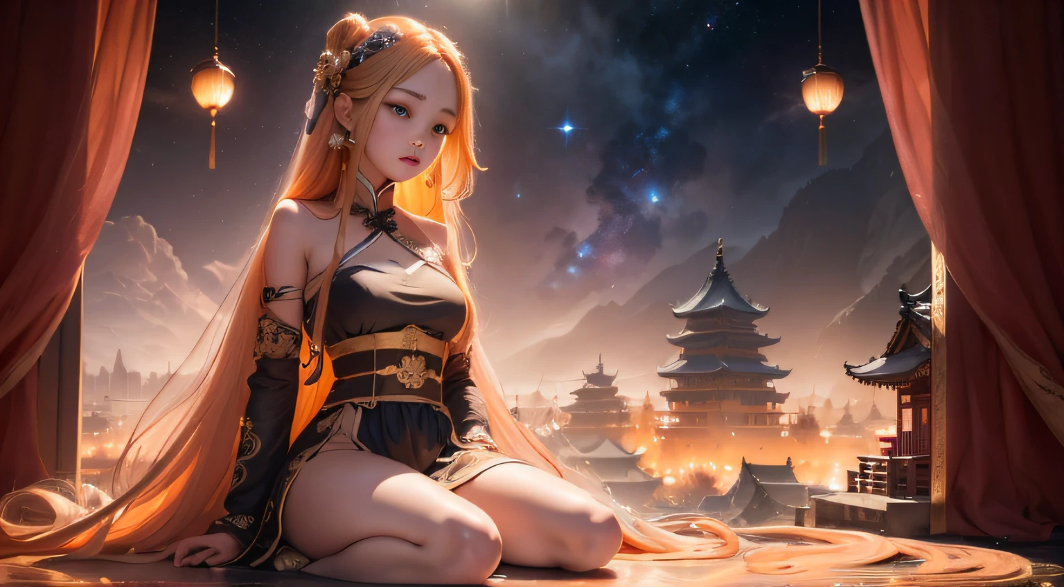 1girll，Long hair spread out，Autumn wind，Pale orange hair fluttering in the wind，the roof, sitting on rooftop,Overlooking the city，Chinese ancient style，exteriors，the night，deep in the night，Blue starry sky，Starry sky in ancient China，The roof of the Forbidden City，starry sky bright，The landscape，scenecy，pondering, Hair flutters in the wind:1.5，Gold gold silk hair ornaments，view from long distance, Atmospheric lighting, Focus individually, Close-up side, depth of fields, Background bokeh，Best quality at best，tmasterpiece，16k，UHD resolution，Detailed depiction，anatomy correct, Delicate pattern，Pink rose space, Soft lighting, ( Bokeh)，Epic composition, 16k，Epic romantic fantasy digital art，Epic fairy tale fantasy digital art，Mythological fantasy，UHD resolution，Detailed detail drawing，realisticlying，Very realistic，cinmatic lighting,an award winning photograph,hyper realistic lifelike texture，dramatic  lighting，