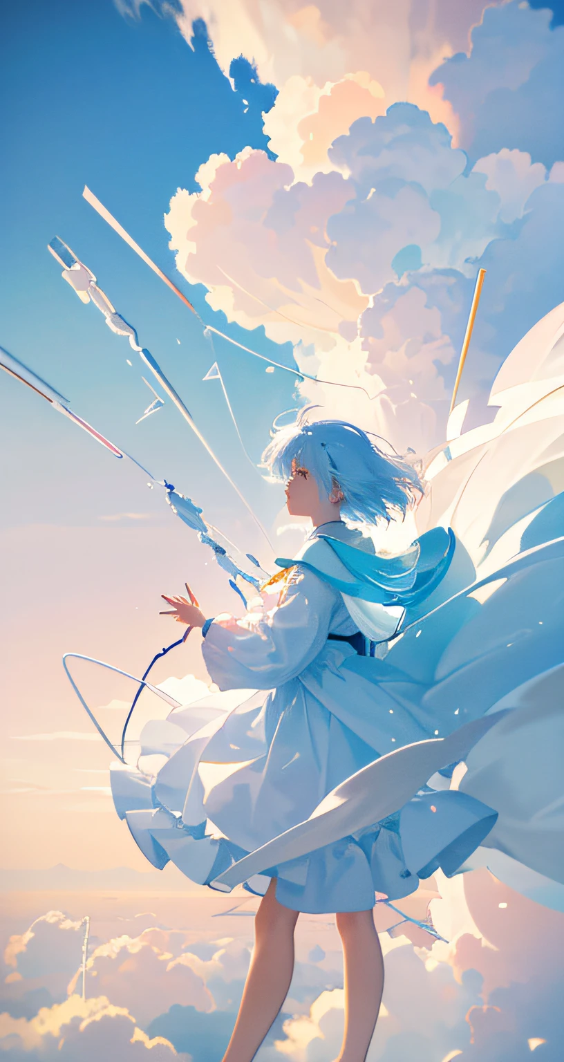 masterpiece, best quality, movie still, 1girl, floating in the sky, cloud girl, cloud, (close-up:1.1), bright, happy, fun, soft lighting, (Bauhaus, shapes, lines, abstract:1.1)