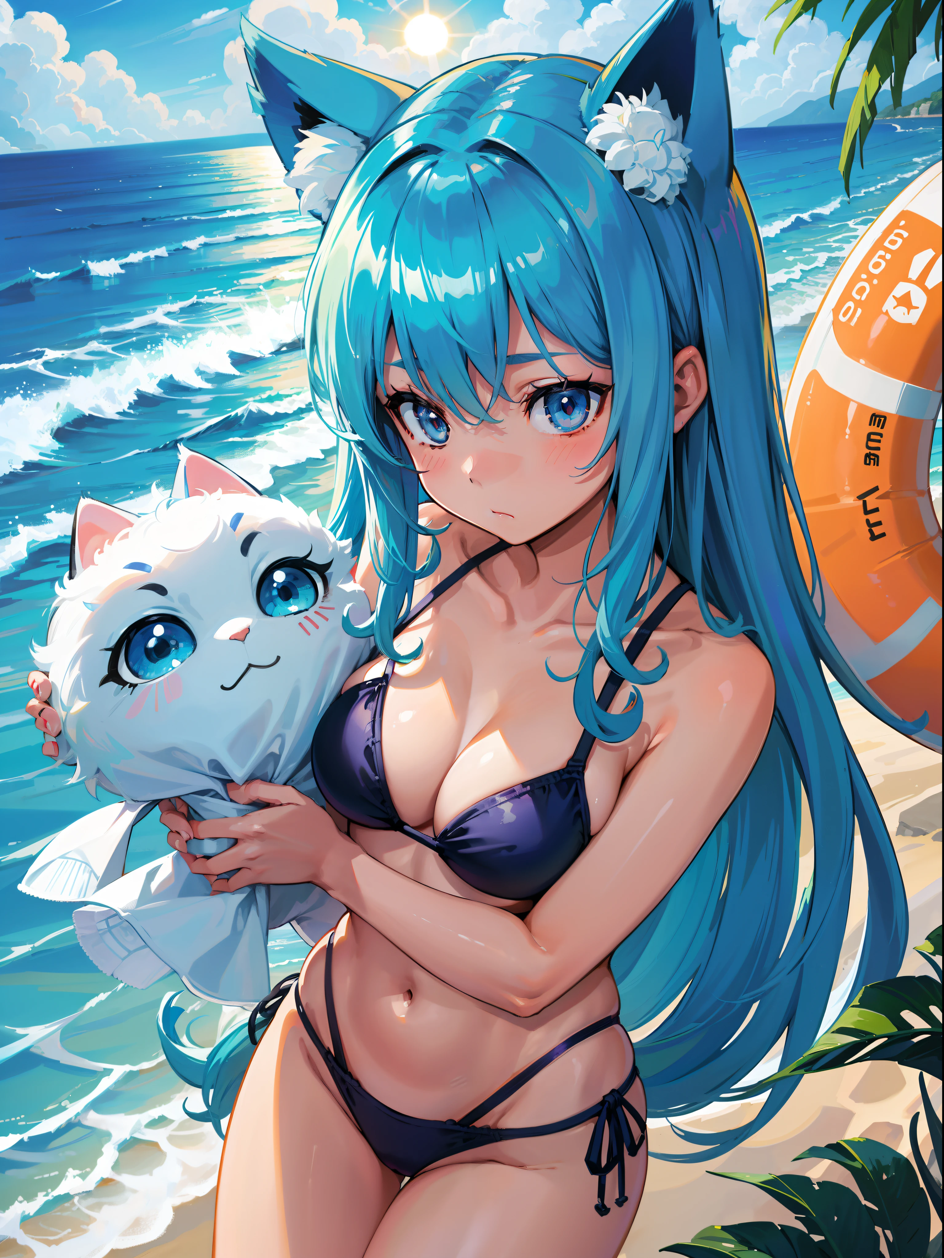 lightblue hair，teens girl，beachside，Bikini swimsuit，Close-up of panties，suns，Cat lady，The two hands turned into big cat paws，Zhang has a cat beard，Light close-up，Enhance the light，morningglow，Expose a little，Smooth skin