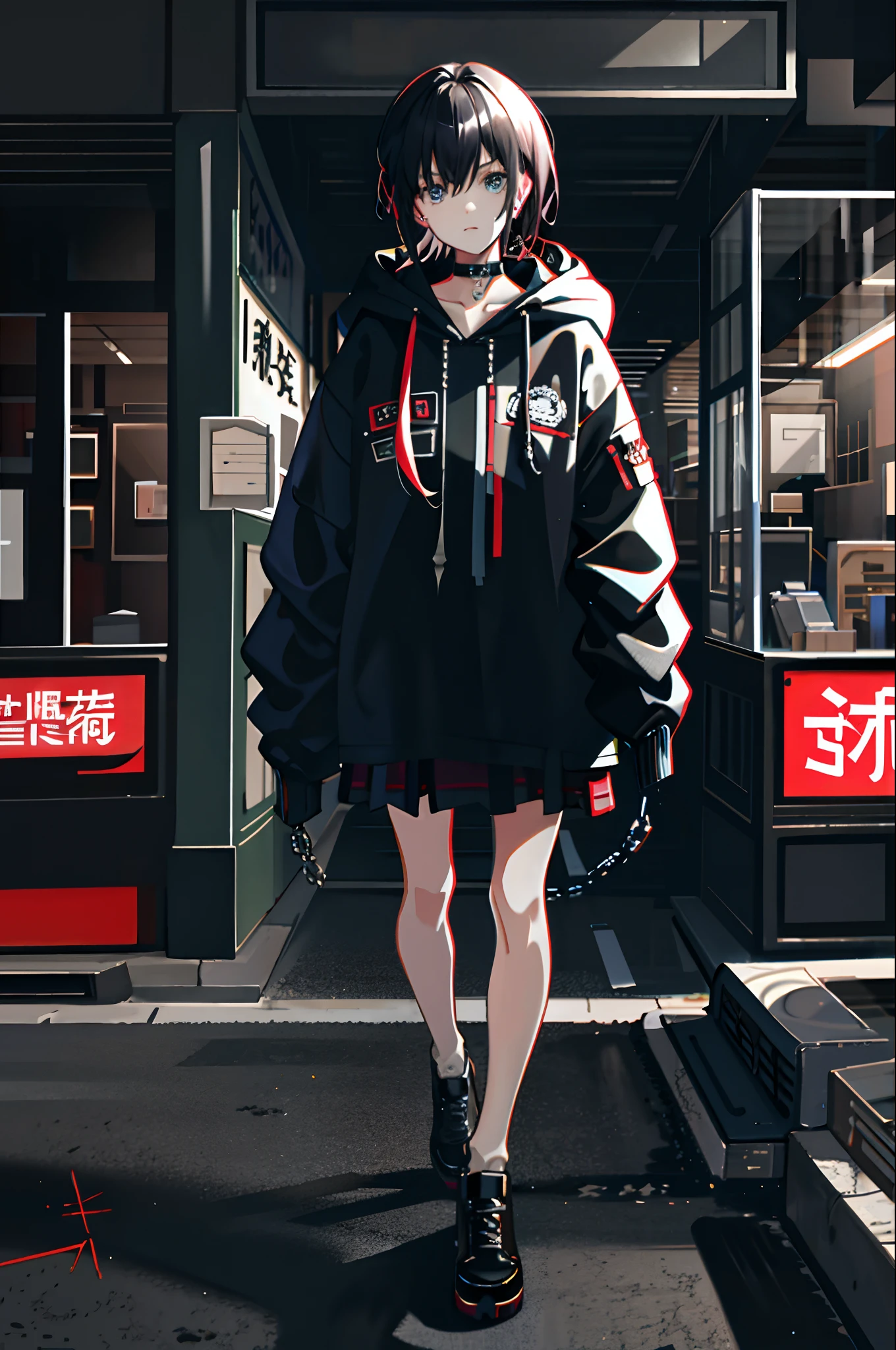 1girll,jaket,Sateen,the night,exteriors,hoody,Open jacket,chain,backpacks,Look at the other person,messy hair,Trends on ArtStation,8K分辨率,The is very detailed,anatomically correcte,Sharp images,digitial painting,concept-art,Trends on pixiv,Estilo de Makoto Shinkai,Complex street scene,Lovely face