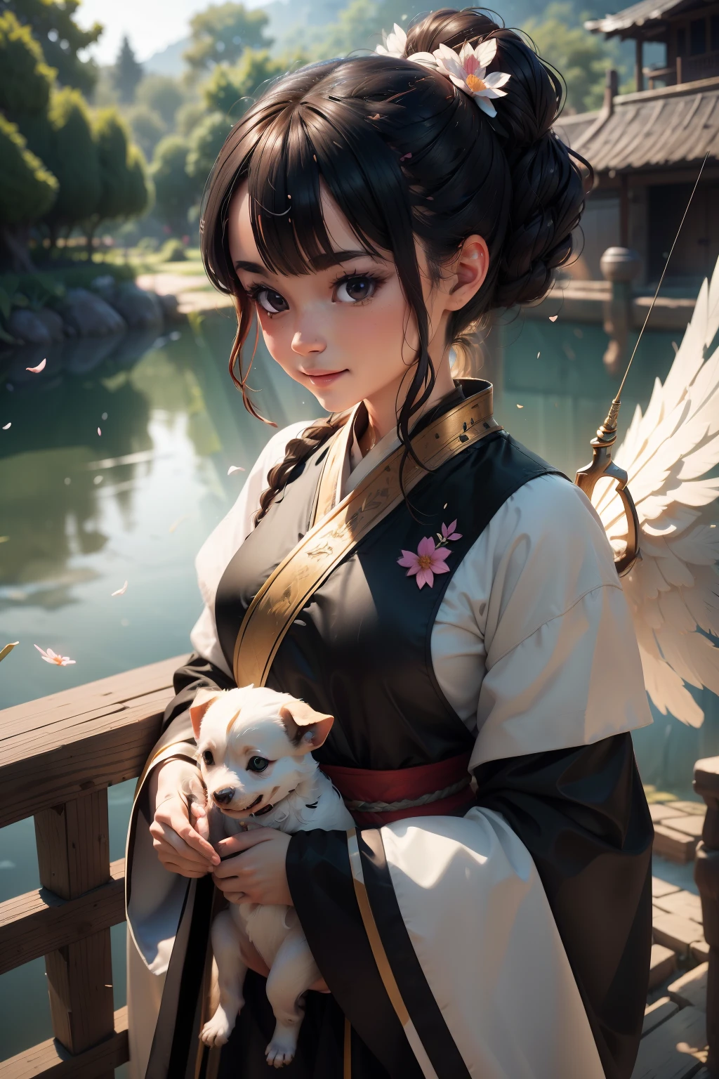 Kizi, With a puppy，Ink fairy, delicated, Light brown eyes, cabelos preto e longos, High ponytail, pigtails, Wings, Extreme light and shadow, Hanfu, palaces, Light, 8k wallpaper, Master painting, petals, lakes, bow and arrows, grin, Black eyes, swing, Perfect quality, Clear focus（Clutter - home：0.8）, （tmasterpiece：1.2） （realisticlying：1.2） （Bokeh） （best qualtiy） （detailedskin：1.3） （complexdetails） （8K） （detailedeyes） （Sharp focus）, （having fun）, Chiaroscuro, Cinematic lighting, Sony FE GM