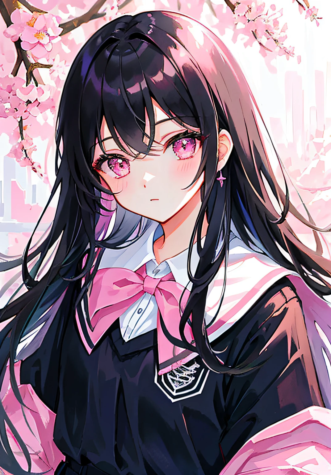 Masterpiece, Best quality, Ultra-detailed, illustration, Portrait, 1girll, black_Hair, Pink eyes,  Long hair,  school uniform,