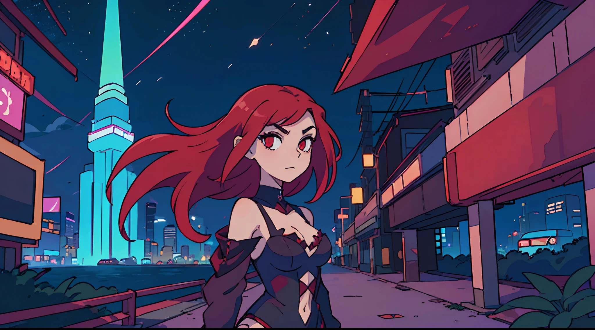 (melhor qualidade: 0.8), (melhor qualidade: 0.8), Perfect anime illustration, uma linda, Red-haired goth woman, vampira com chamas no cabelo, in a synthwave city at night