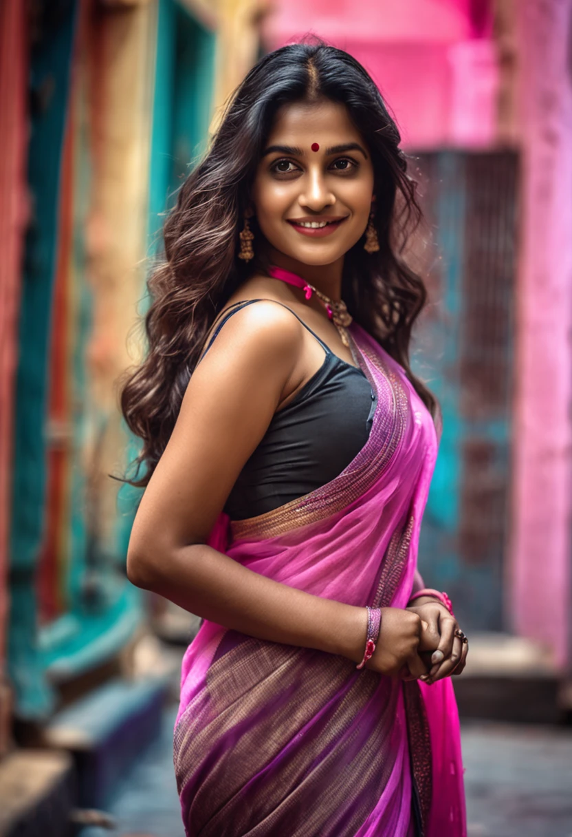 RAW photo, face portrait photo of beautiful 20 y.o woman, cute face, wearing black white sari, happy face, hard shadows, cinematic shot, dramatic lightin, big boobs, long hair, dramatic background, dark pink lips, sexy figure , multi color background, tajmahal background