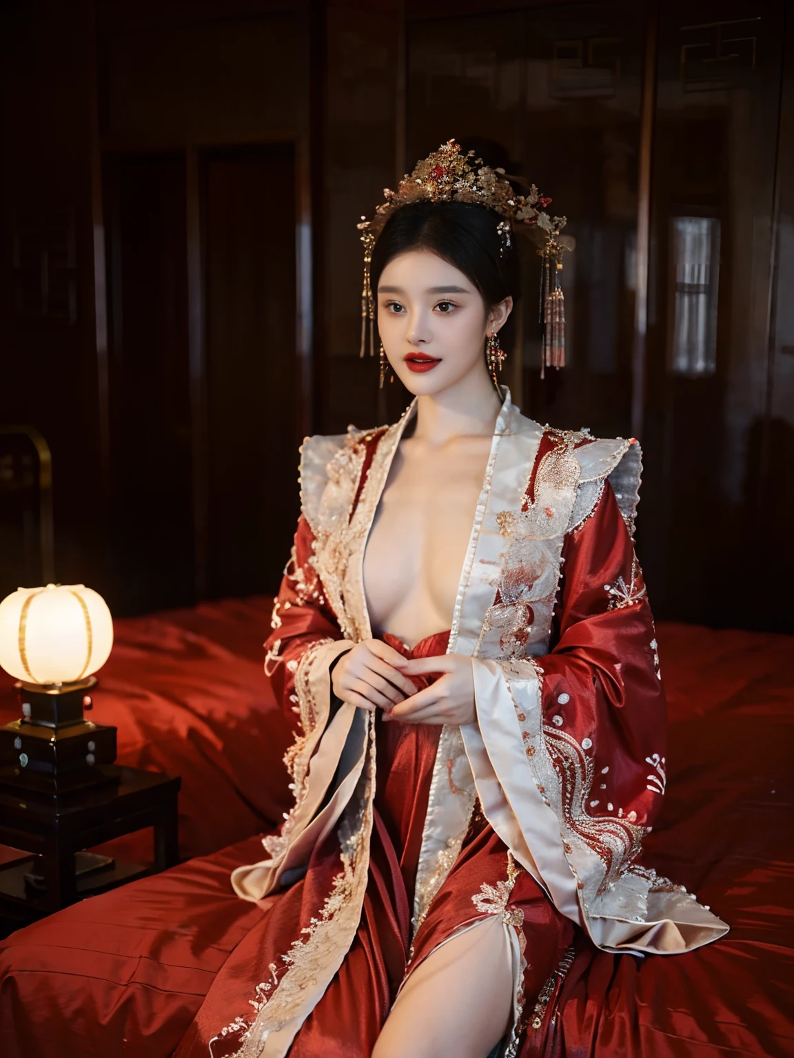 (ultra realistic 8k cg:1.2),Perfect artwork,Delicate pattern,intricately details, (Unbeatable masterpiece,Best quality:1.2),(extremly intricate:1.2),Two women in red and gold dresses, Phoenix crown,hair stick,cosmetics,Blush,Shy,black_Hair, Looking down, cosmetics,(forehead dot),(2 red candles), Chinese_clothes, Curtains, Earrings, Hair_decorations, Hanfu, Indoors, jewelry, Red nails, Long_Sleeves, Red dress, Red lips, nipple tassels, (Red quilt),(red palace:1.2),(Ancient Chinese architecture),(Red:1.8),Night,Lace，Fork the legs，Spread your legs，Bare chest，Exposing thighs，The genitals