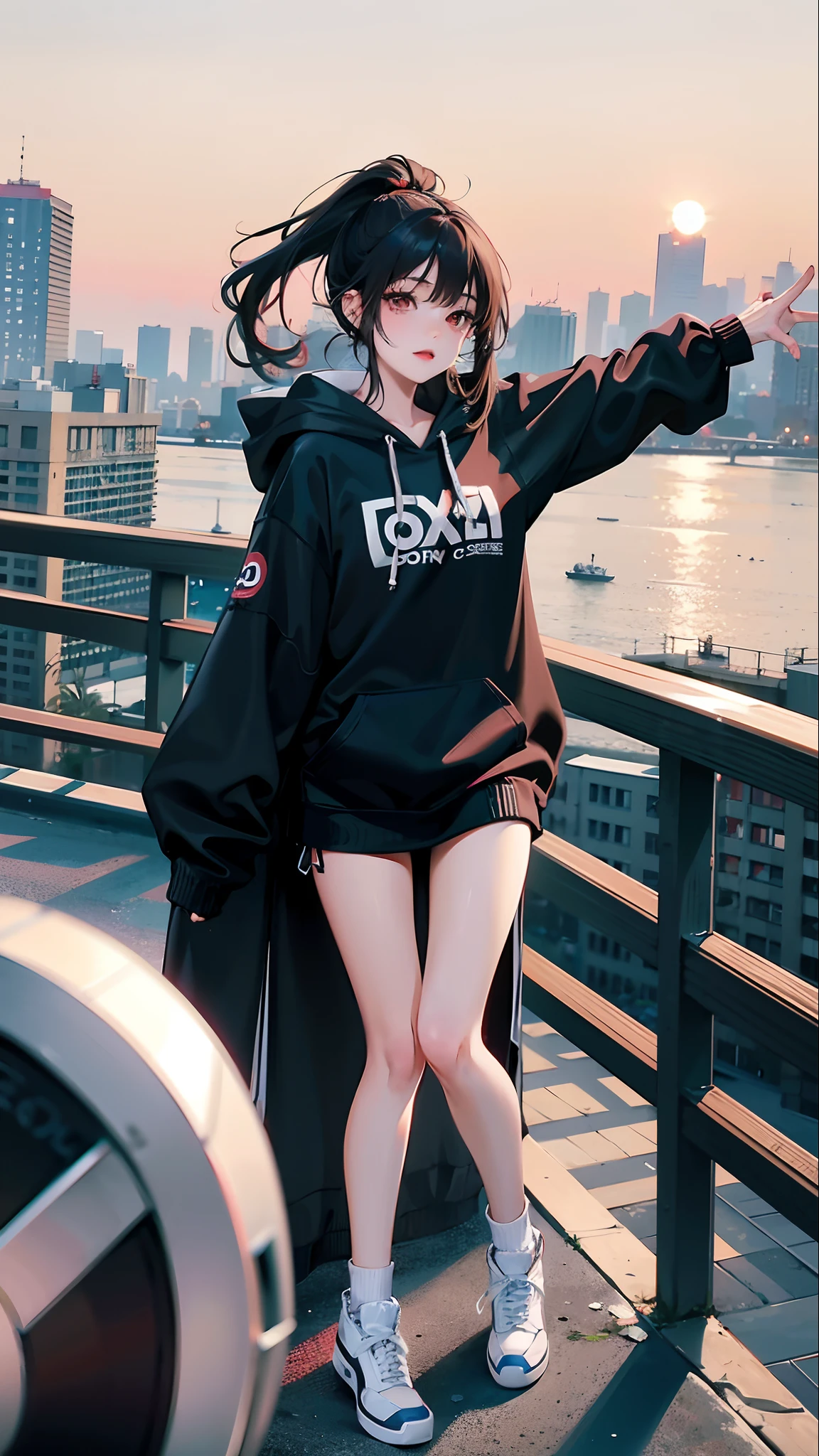 arafed woman in a hoodie standing on a balcony with her arms outstretched, black haired girl wearing hoodie, a young asian woman, girl wearing hoodie, photo taken with canon 5d, girl sitting on a rooftop, cover photo portrait of du juan, young asian girl, taken with sony alpha 9, xintong chen, with sunset, taken with canon 8 0 d