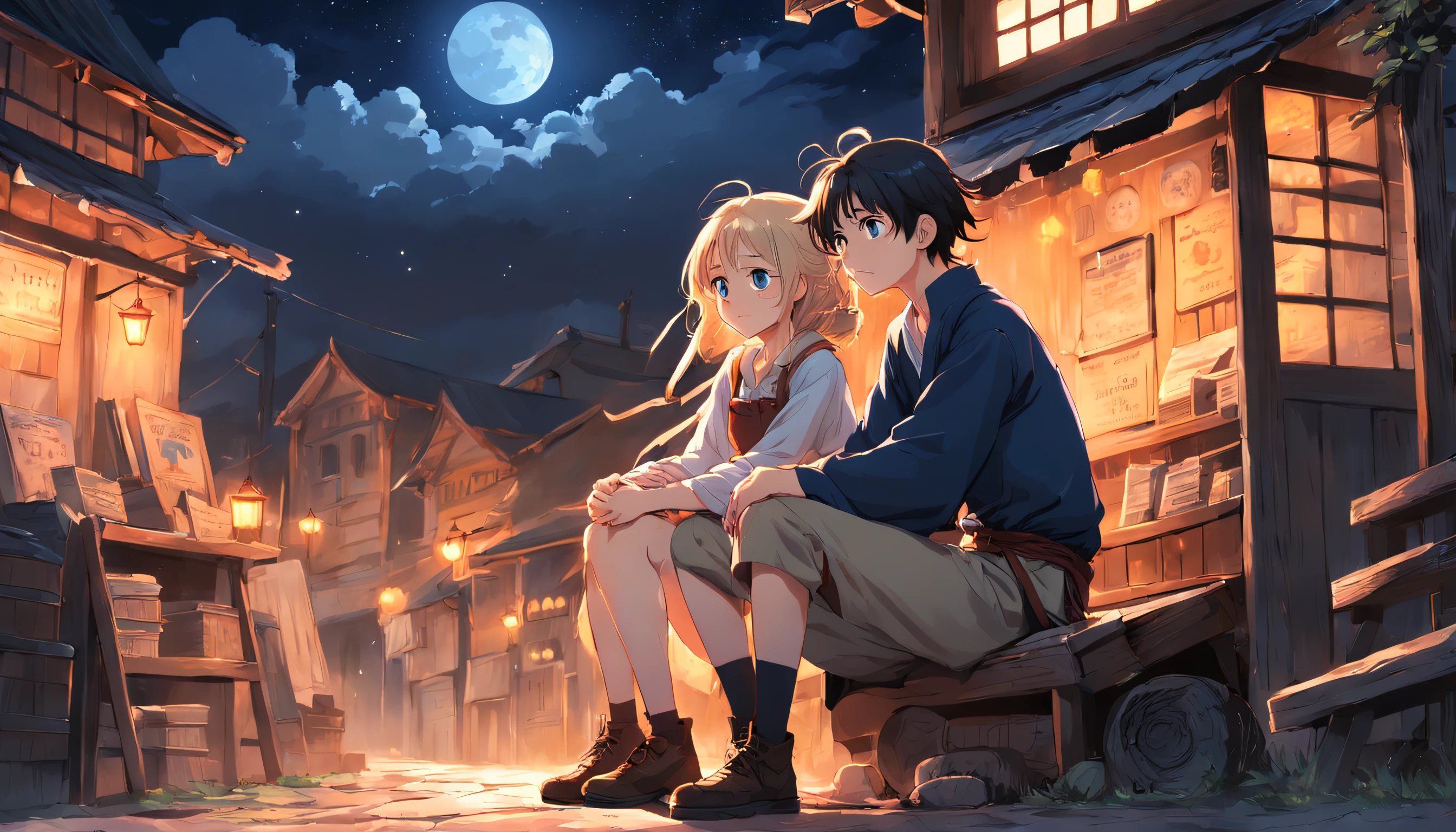 (an adventurous peasant boy, with sad countenance) and (a young peasant woman), wearing shoes, in a shop, anime style, book cover style, sunset as day gives way to night, a starry sky begins to rise above , surrounding image