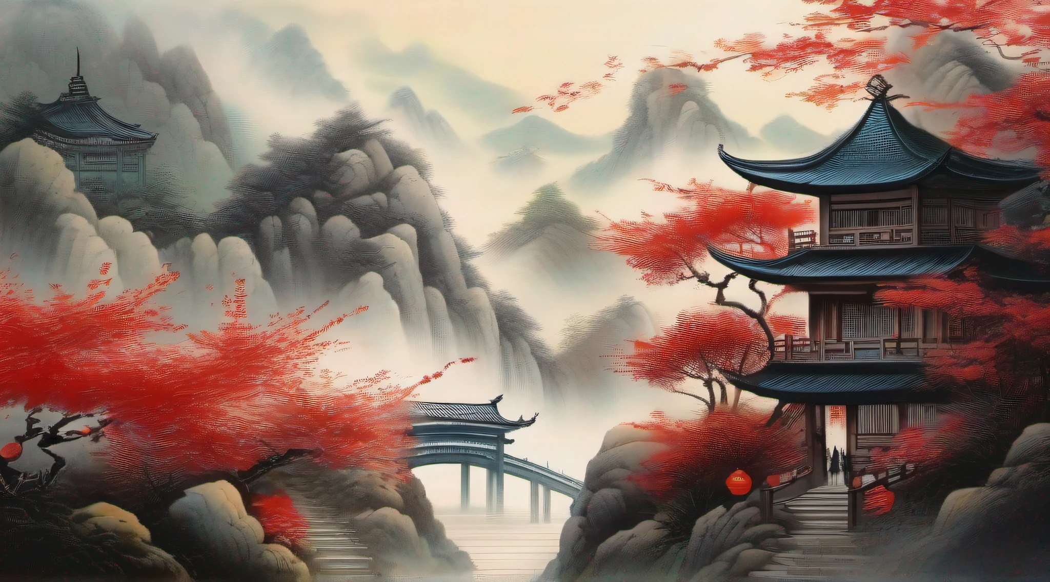 Far up the cold mountain stone path obliquely Baiyunsheng has a house Parking and sitting love maple forest late Frost leaves red flowers in February,Traditional Chinese painting, (Chinese style painting),(ink wash style))