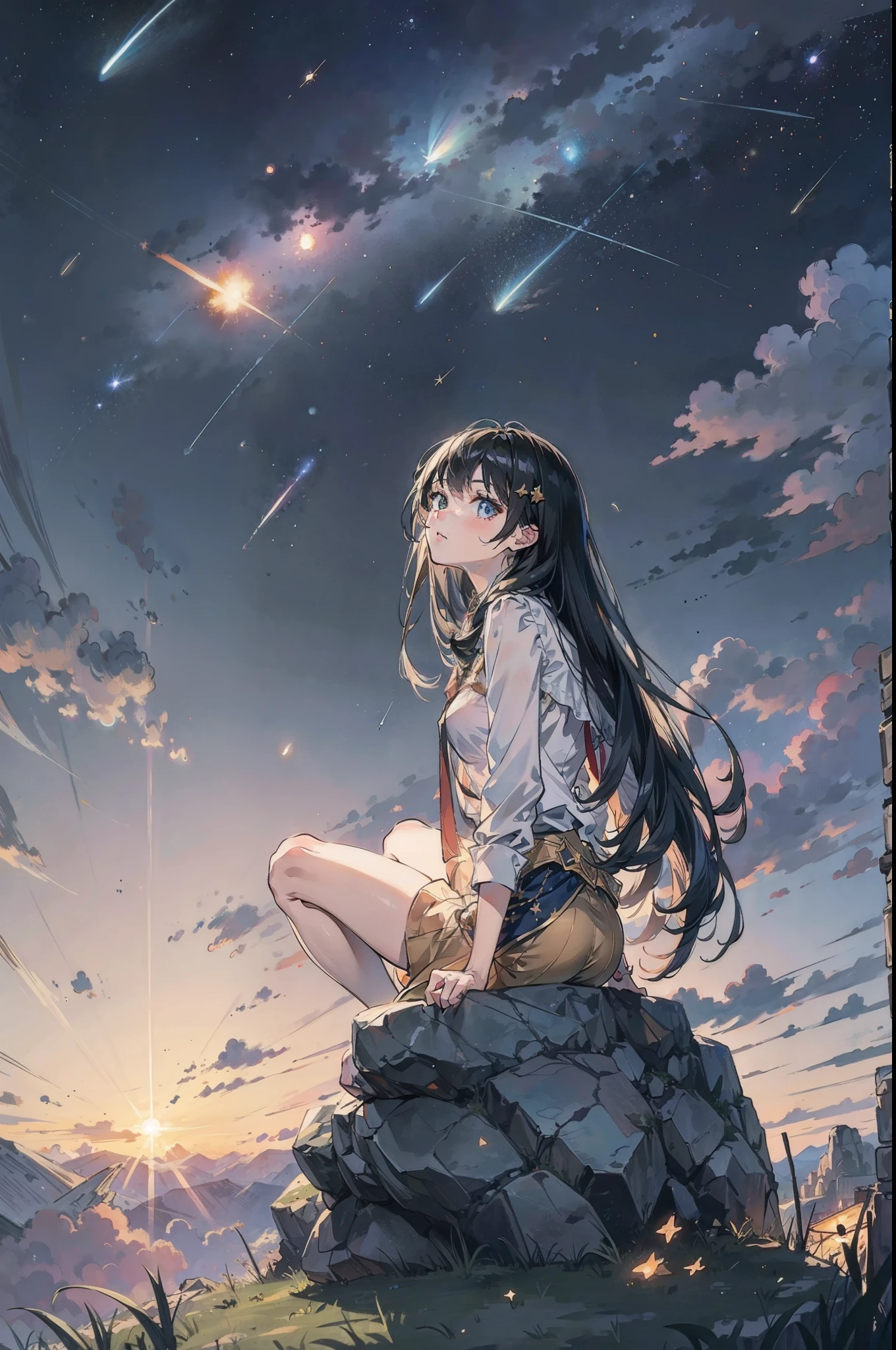 Outdoor girl， starrysky，Sit on top of the hill， ventania，meteors，long whitr hair