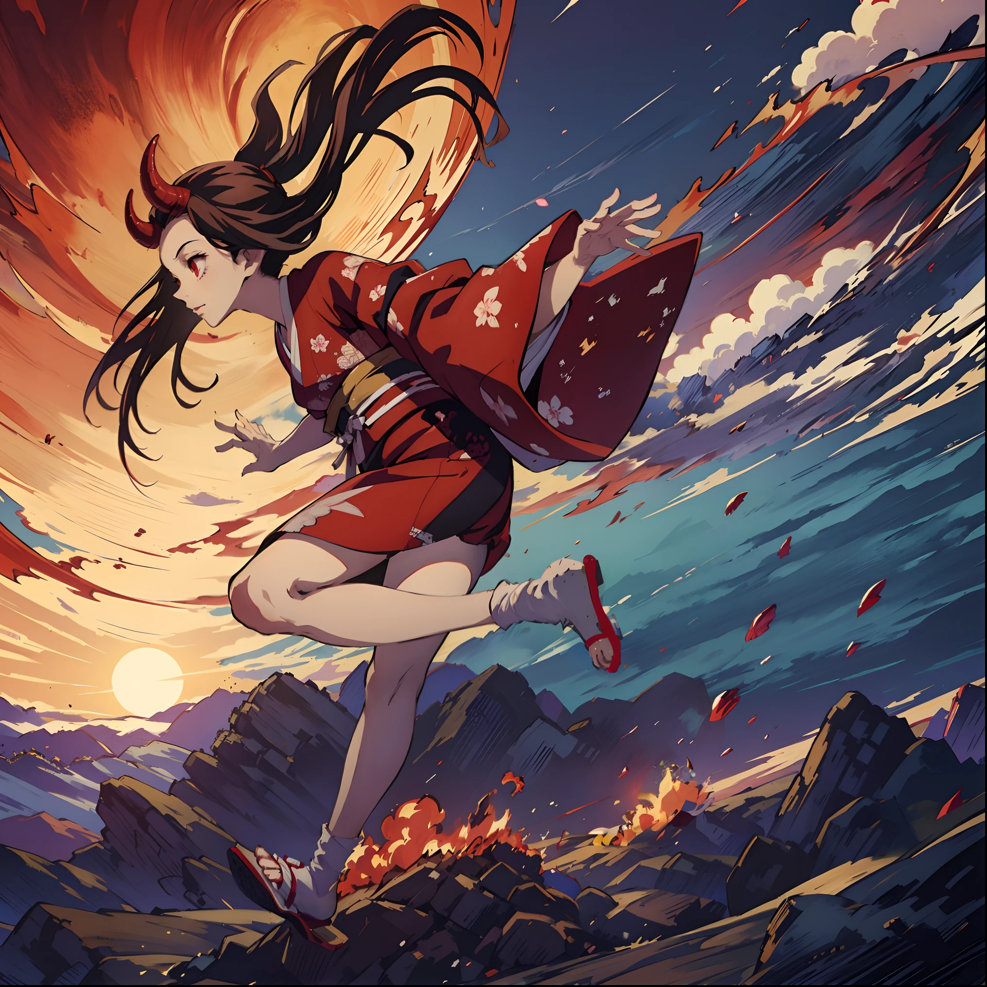 (masterpiece, best quality:1.2), kimetsu no yaiba style, kamado nezuko, (1girl, solo), 20years old, full body, kimono, (red demon horns, red eyes), BREAK the sun is rising, the wind is hot, the sky is burning, I saw a demon running across the horizon, (side view, dynamic angle)