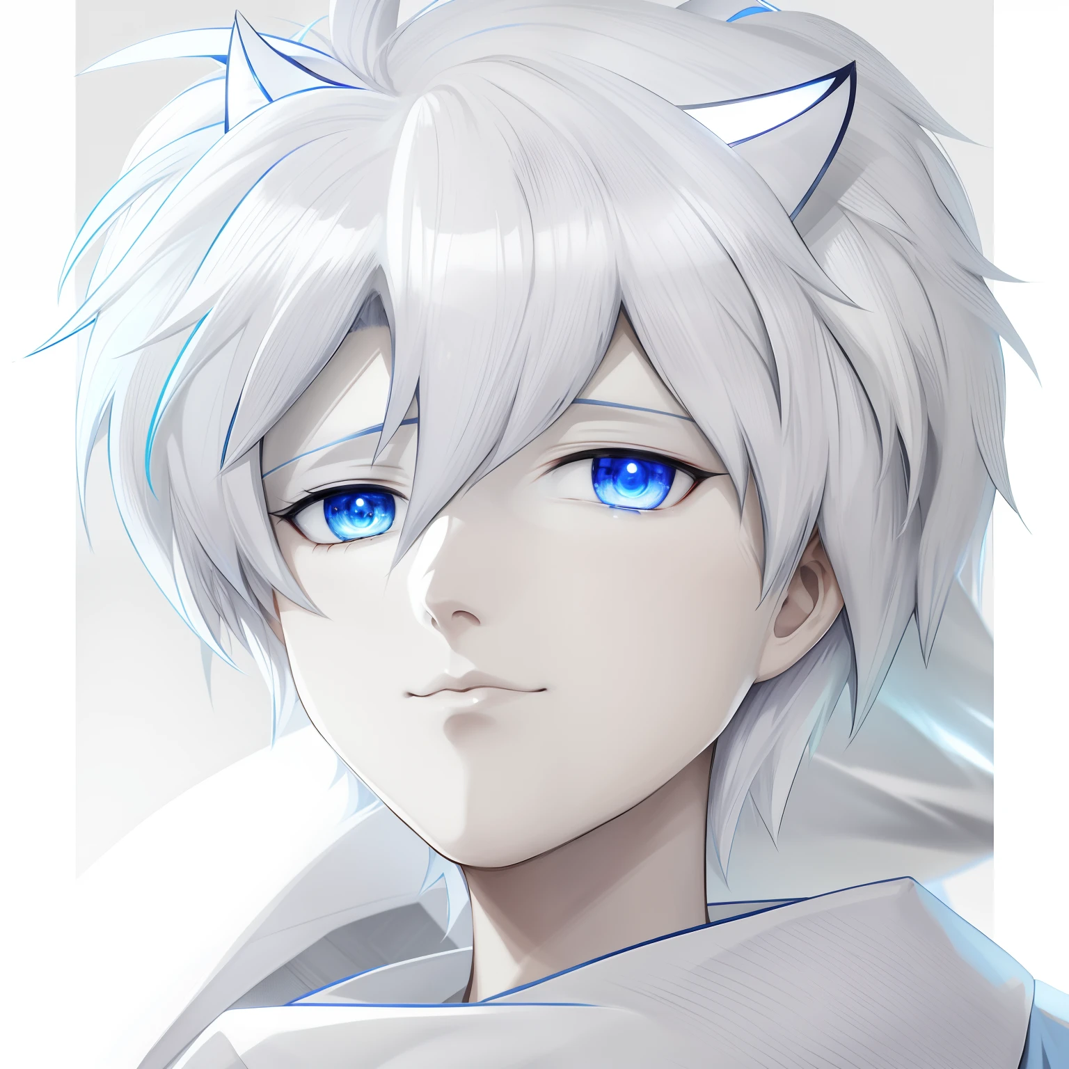 Anime - Cat style image - Blue-eyed characters, White-haired fox, kaworu nagisa, neferpitou, Tall anime guy with blue eyes, in an anime style, white haired Cangcang, white fox anime, semi realistic anime, In anime style, Anime boy, Male anime style, he has dark grey hairs, male anime character
