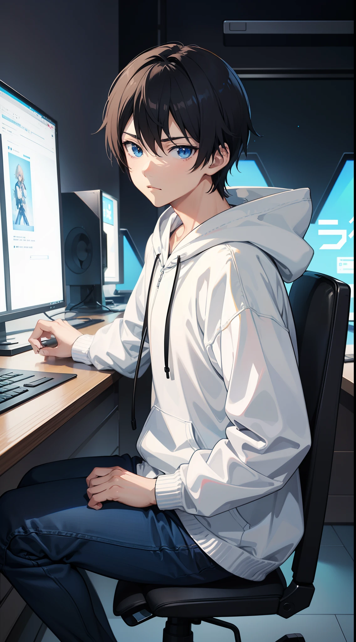 Anime boy sitting at desk with laptop and computer、animesque　Male child、blue eyess、High quality anime art style, anime moe art style, young anime man, in a hoodie, Anime art wallpaper 8k,anime wallaper, high quality fan art, Male anime style, Anime Art Style、makoto shinkai art style、Sitting in front of a computer、White hoodie、(((Sit in front of your PC and look at the screen)))、Focus on PC、Work in front of the computer、A dark-haired、｛｛｛｛View Computer｝｝｝｝、profile