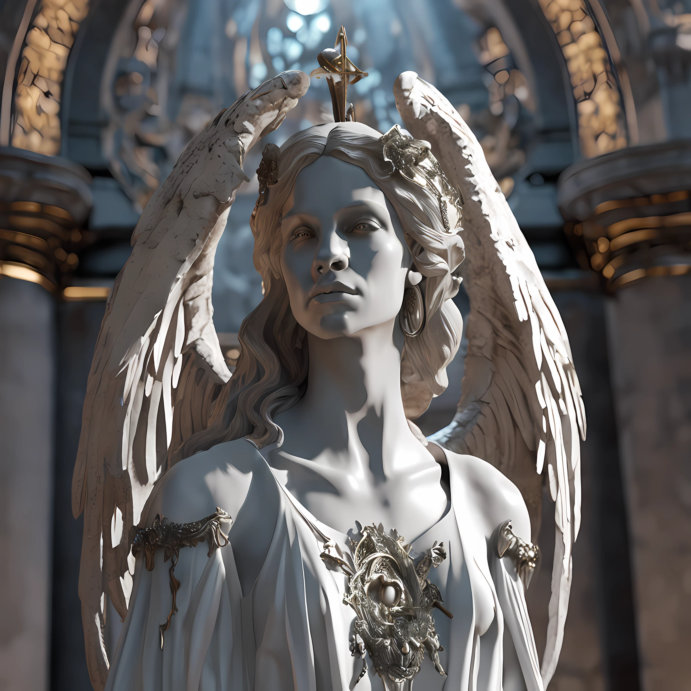 A closeup of a statue of an angel with wings, O Anjo da Morte, anjo da morte, unreal engine render + uma deusa, Vilania tem asas de anjo negro, the angel of death with a halo, angel in plastic armor, flowing white robes, Retrato do Anjo da Morte, angel knight gothic girl, Anjo majestoso de corpo inteiro, anjo protegendo a mulher, arte da capa, clinging to life, clinging to life, album art for a song with the title Grasp on to Life