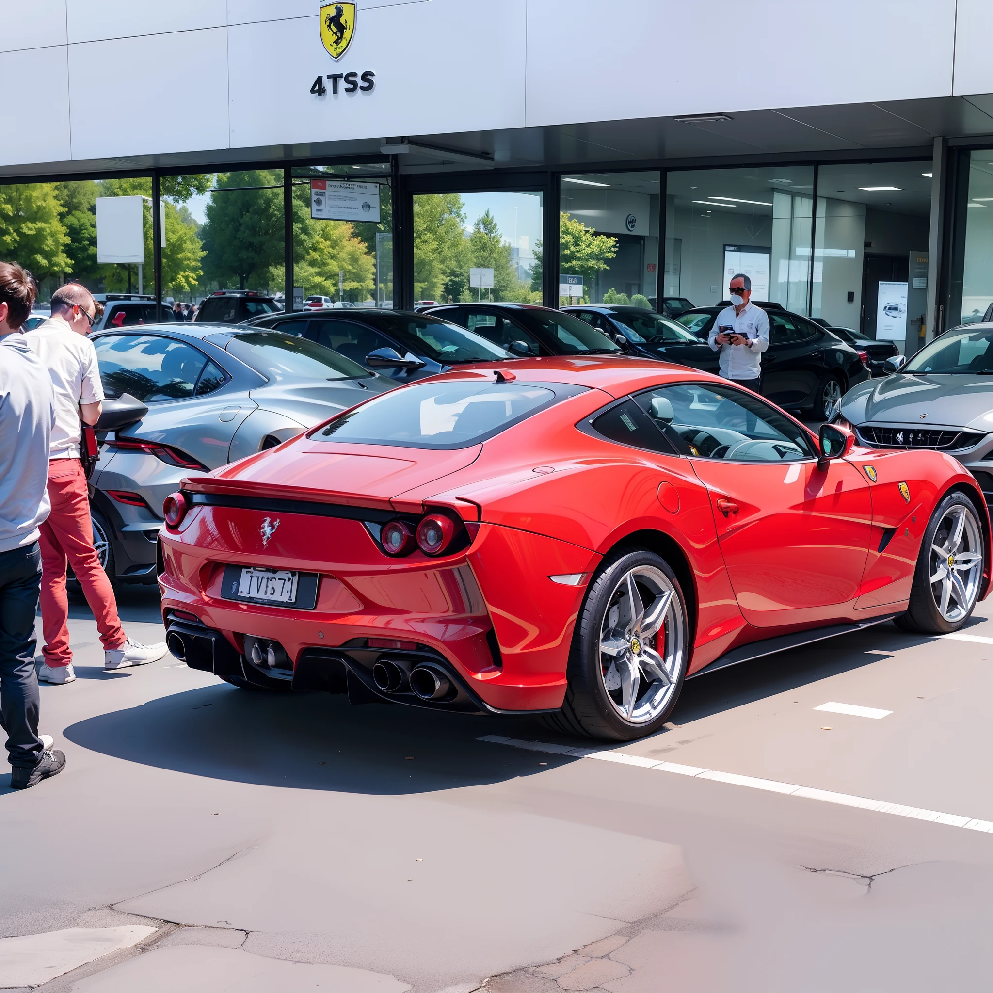 A Long Shot , long-range shooting. Photo of a Ferrari gtc4lusso at a dealership in Switzerland, algumas pessoas, foto casual, 夏天.