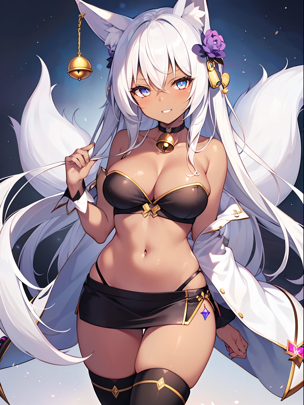 1girl in, Solo, masutepiece, nffsw、Shaders、Brilliant Textured Work、(NSFW:0.8)、(magical :1.3)、(Dark skin:1.5)、(Evil Fall:1.4)、White hair、shorth hair、(Black Magical Girl Suit:1.3)、(Thin miniskirt:1.3)、(Fox ears:1.2)、very large breast、Navel、cleavage of the breast、Looking here、sharp eye、(iridescent eyes:1.3)、grinning evily、thin-waist、Skinny Legs、hiquality、Flabby socks、Black boots、Standing picture、Holding nothing in your hands、No one around、Choker with bell、