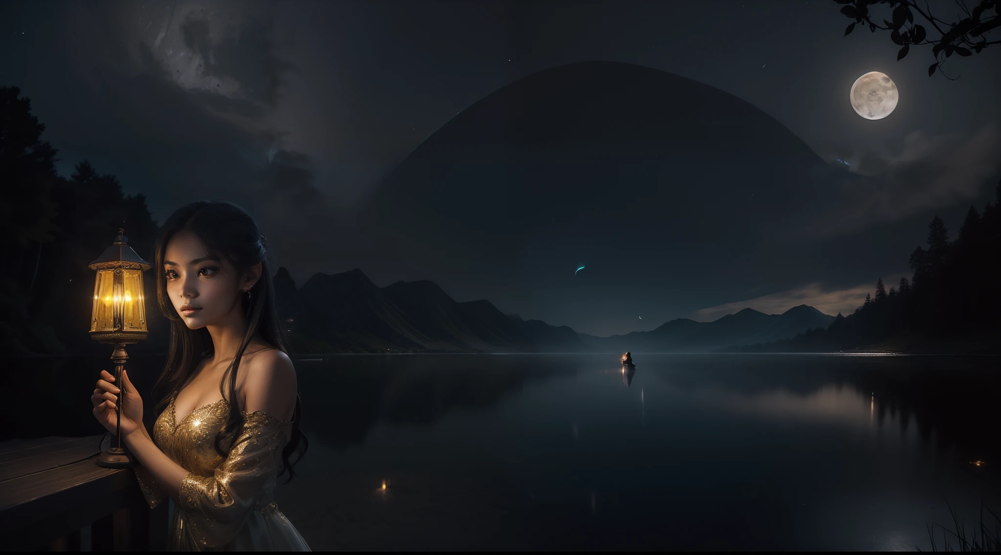 ((A stunning girl:1.3), (melancholic:1.2), (gracefully holding a shimmering firefly lamp)) in a peaceful moonlit night, ((beautiful face)), (highly detailed face), in the background there is lake which is shining under moon light