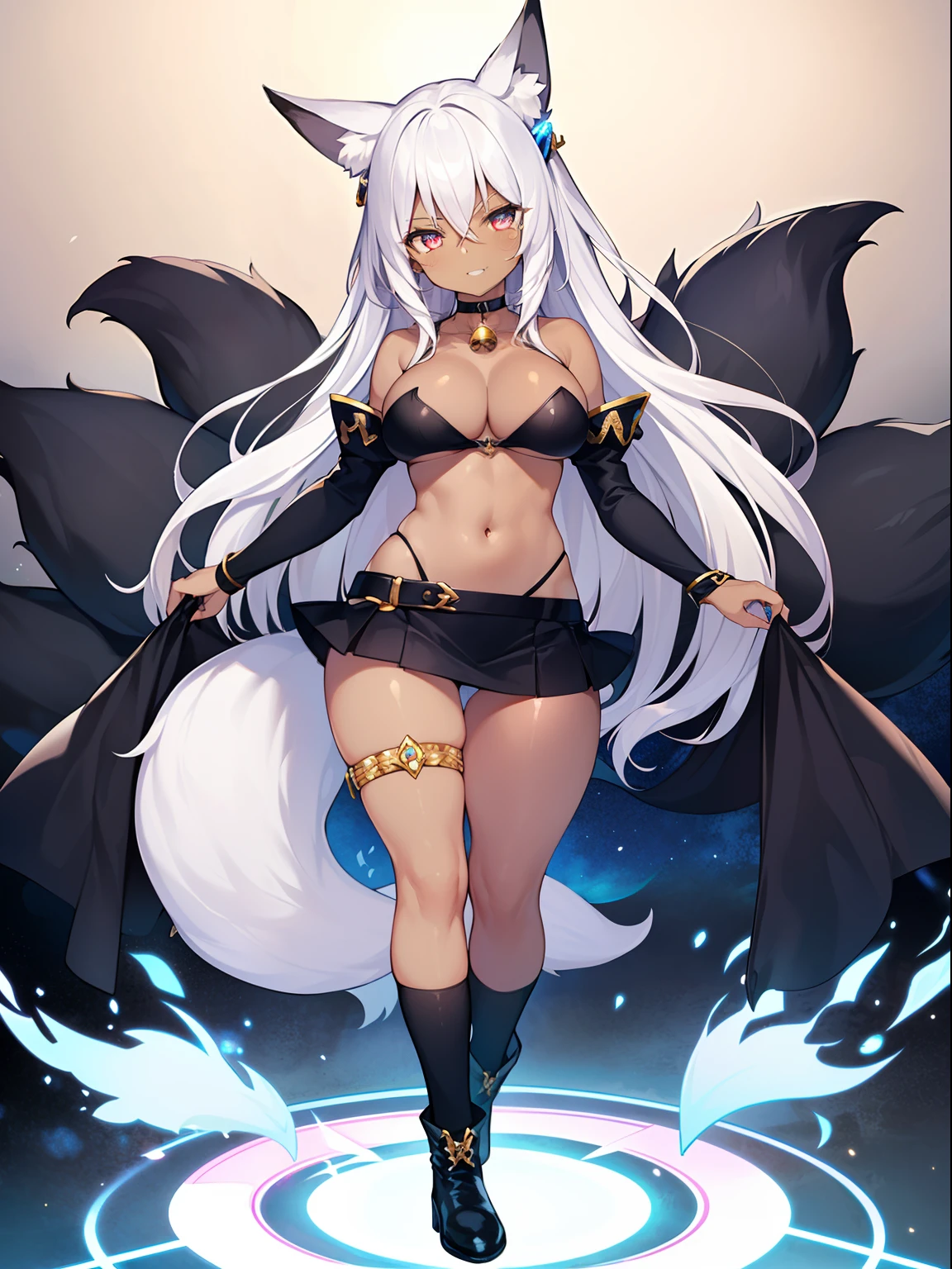 1girl in, Solo, masutepiece, nffsw、Shaders、Brilliant Textured Work、(NSFW:0.8)、(magical :1.3)、(Dark skin:1.5)、(Evil Fall:1.4)、White hair、shorth hair、(Black Magical Girl Suit:1.3)、(Thin miniskirt:1.3)、(Fox ears:1.2)、very large breast、Navel、cleavage of the breast、Looking here、sharp eye、(iridescent eyes:1.3)、grinning evily、thin-waist、Skinny Legs、hiquality、Flabby socks、Black boots、Standing picture、Holding nothing in your hands、No one around、Choker with bell、