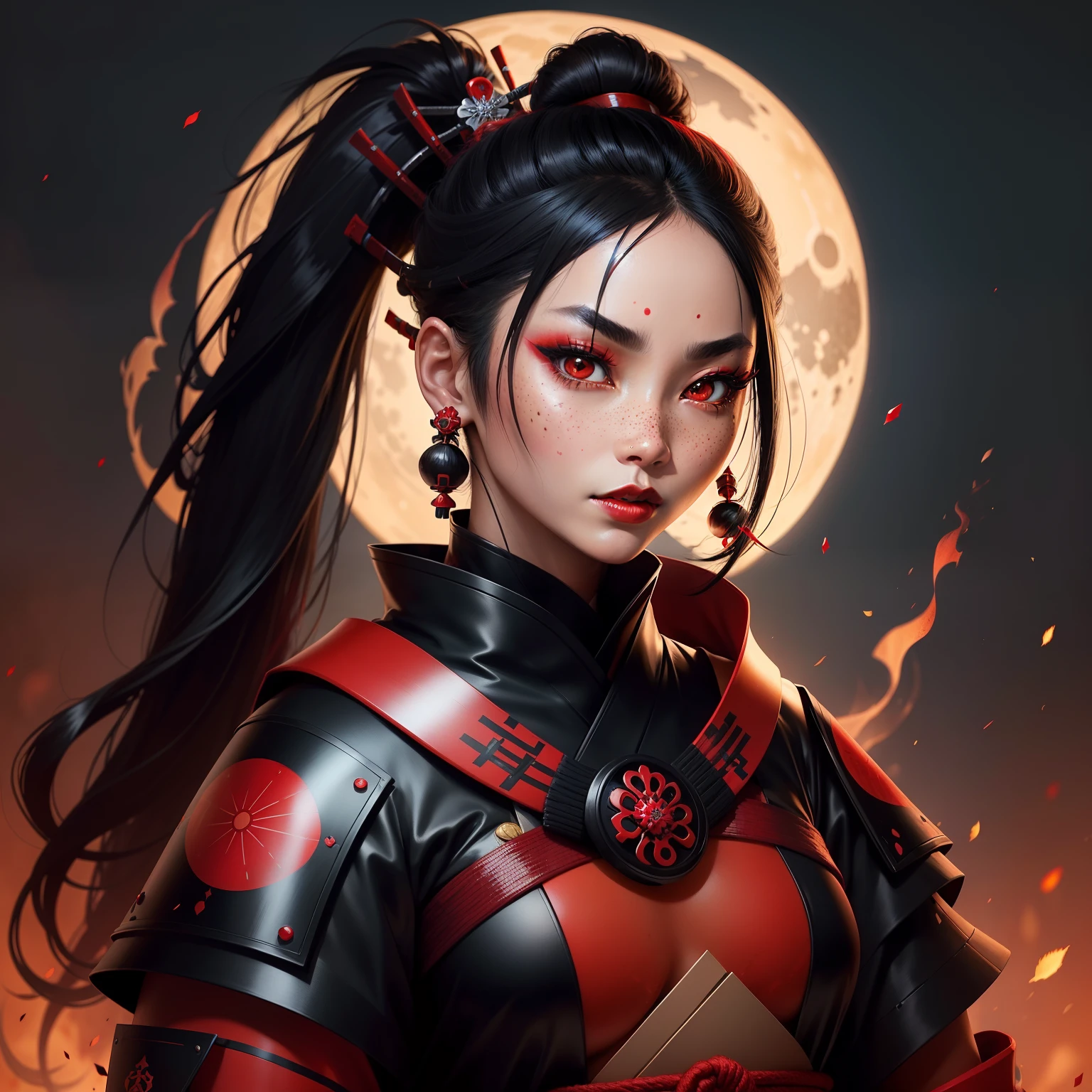 Female samurai warrior, jet black hair, dark skinned tanned, red black, bright moon, freckles on the face, red lipstick, full body, no extra hair, diamond shaped face, cover top, black eyeballs, geisha warrior, brown skinned, sexy hair style