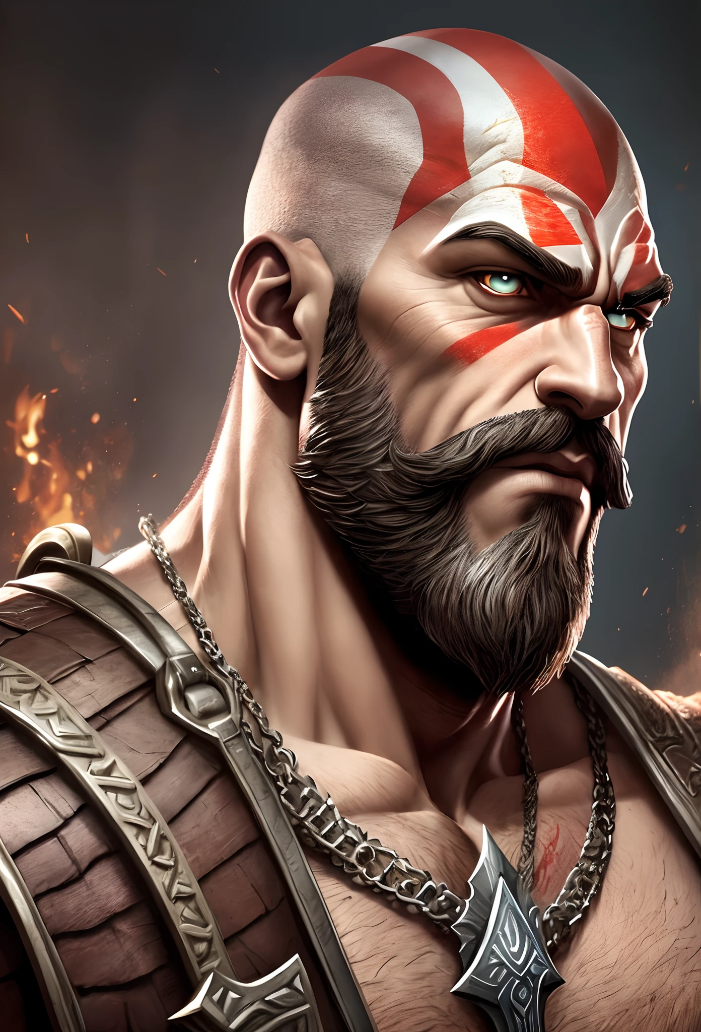 A PORTRAIT OF KRATOS, SERIOUS LOOK, FOLLOWING THE STYLE OF GOD OF WAR, STARING AT THE CAMERA, HYPER-DETAILED, CINEMATIC, WARM LIGHTS