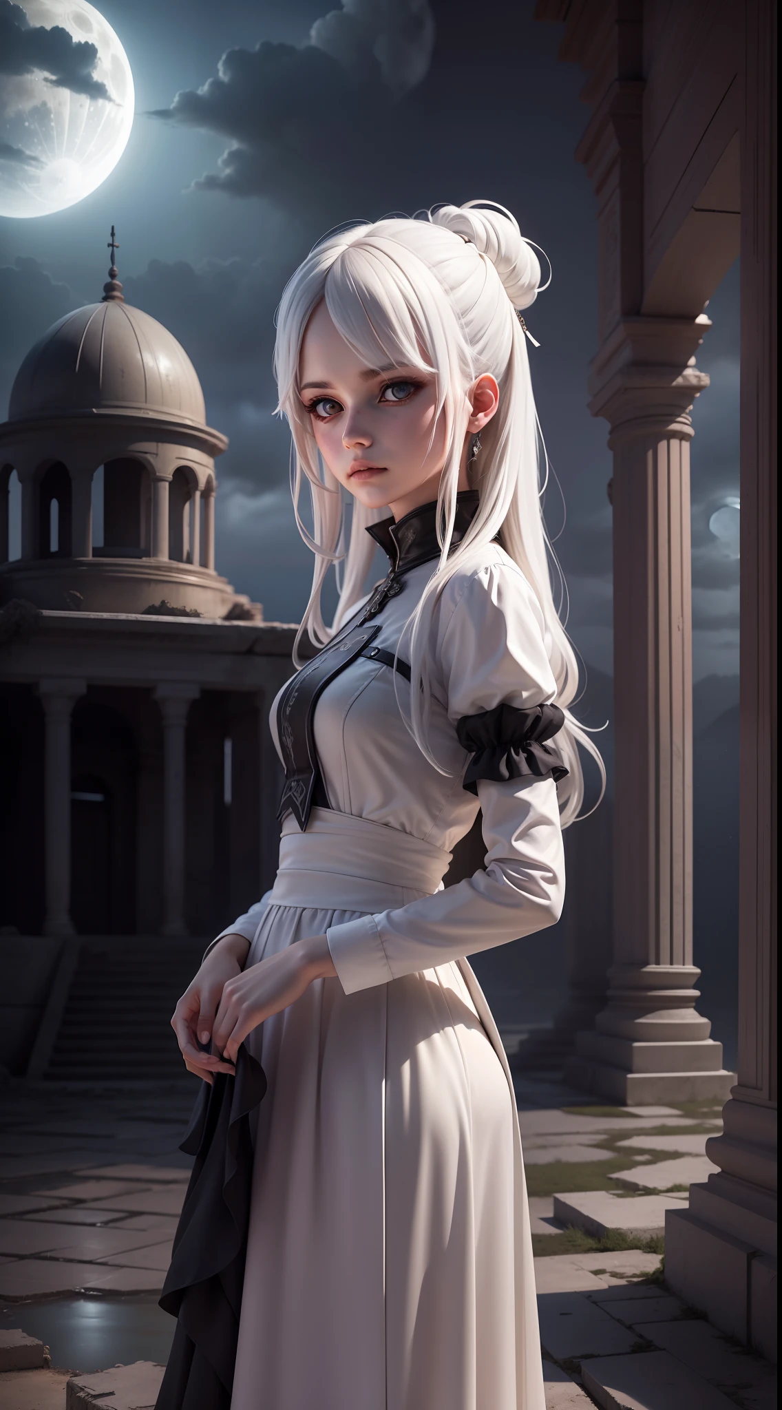 (Best quality, Masterpiece),the night，Dull moonlight，1 Girl with white hair，Solitude，Desolation，An abandoned temple，Realistic background,