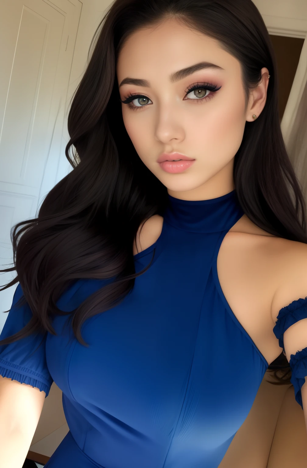 a close up of a woman in a blue dress posing for a picture, portrait sophie mudd, night club, gorgeous latina face, violet myers, 2 4 year old female model, bella poarch, jaw-dropping beauty, cindy avelino, instagram model, upper body face shot, jaw dropping beauty, beautiful asian girl, beautiful image, stunning closeupheadshot