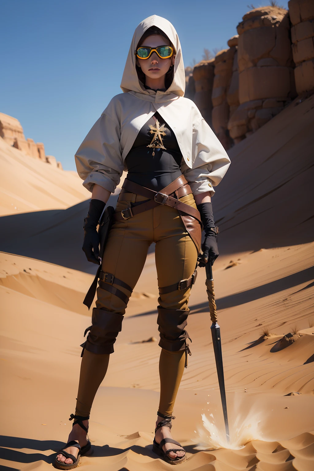 realista, mulher, Cabelo Caramelo, cabelo longo, protective goggles, manto medieval marrom, sandy appearance, Armadura medieval, brown pant, sapato com os dedos de fora, deserto, corpo todo