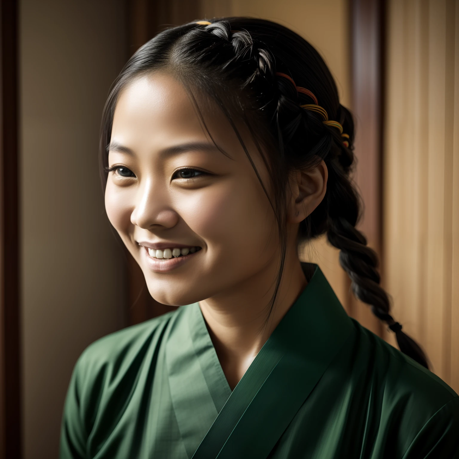 The gray photo shows a woman wearing a green shirt, Twist braids、A stained smile on your teeth, coloured photo, restored color, fujita goro, Inspired by Zhang Ao, a color, Inspired by Makasha, Qiu Fang, photograph of a woman, Inspired by Lin Baoyu, song nan li, colorized photon, Inspired by the Far Away City