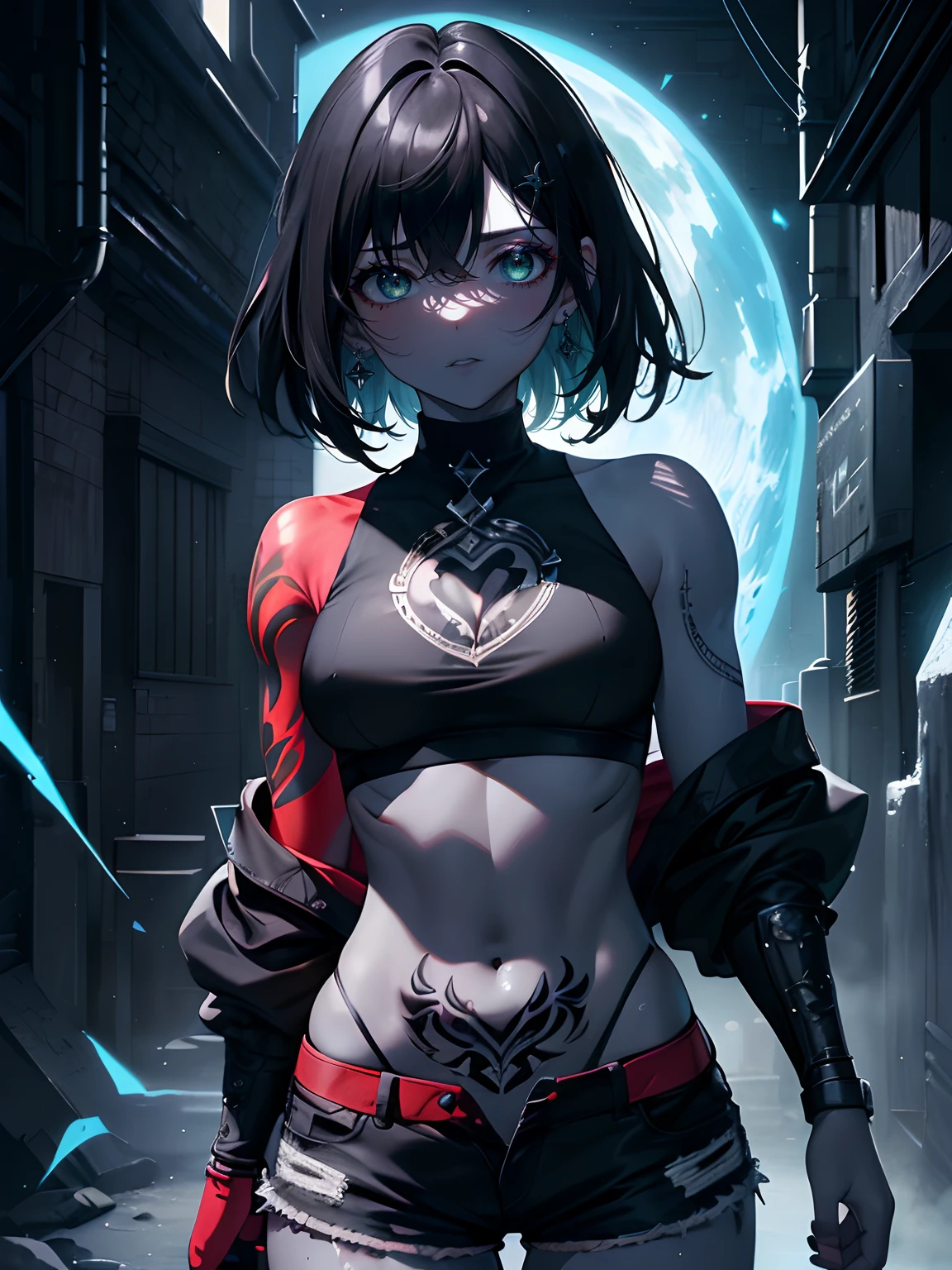 (Obra maestra, La mejor calidad, Ultra-high resolution), 1 girl,cabello negro,(piel coloreada,piel roja),Recortar arriba, shorts,con tatuajes en todo el cuerpo, Magic engravings, Cara hermosa y detallada, ojos detallados,(gris ,azul,verde,Tema negro)